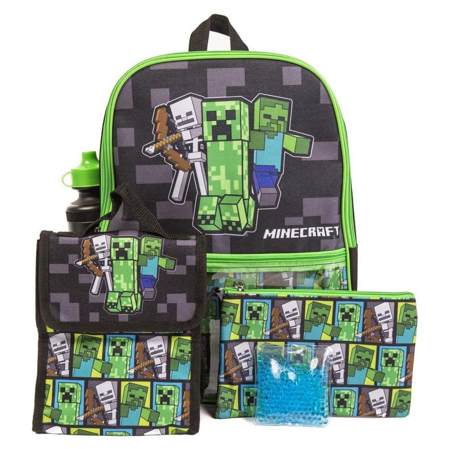 Mochila Minecraft 5 Piezas con Lonchera y Botella 40.6 cm