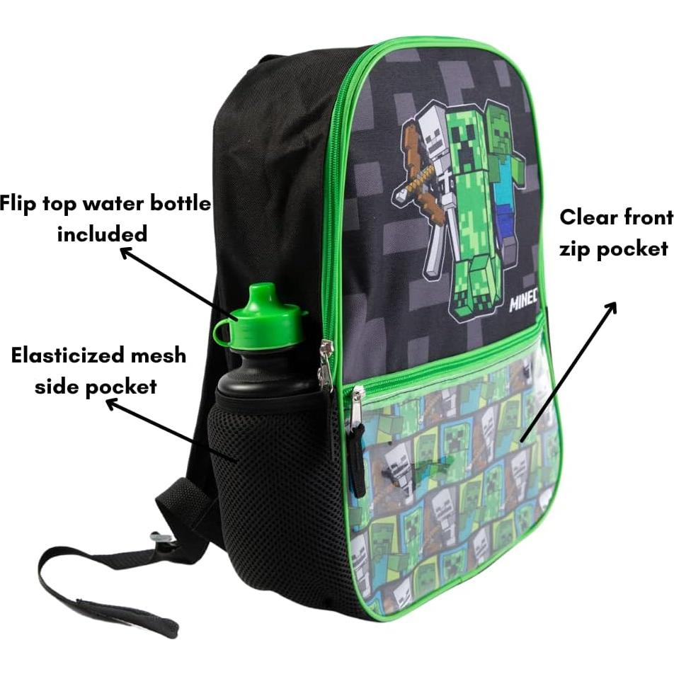 Mochila Minecraft 5 Piezas con Lonchera y Botella 40.6 cm