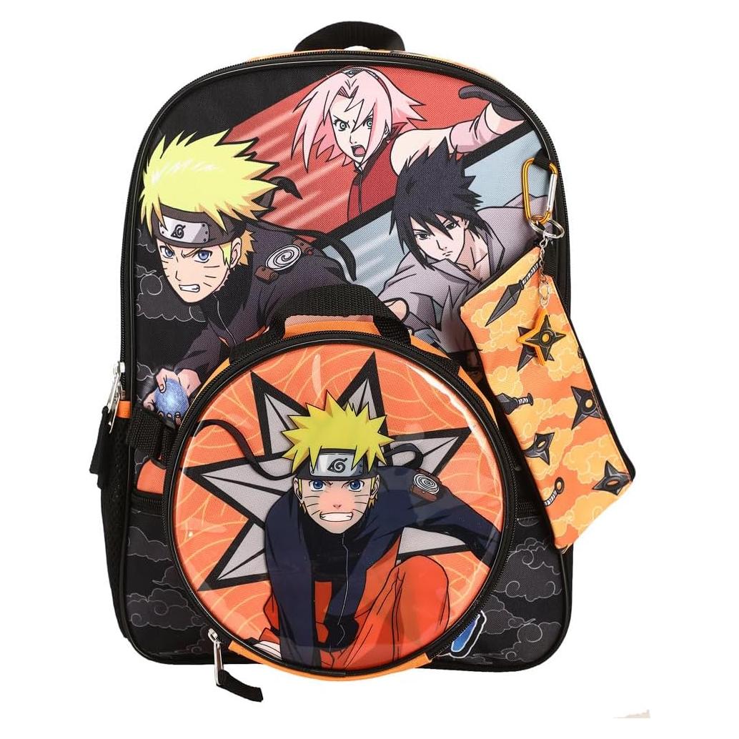 Conjunto Mochila 5 Piezas Naruto Anime Naranja y Negro