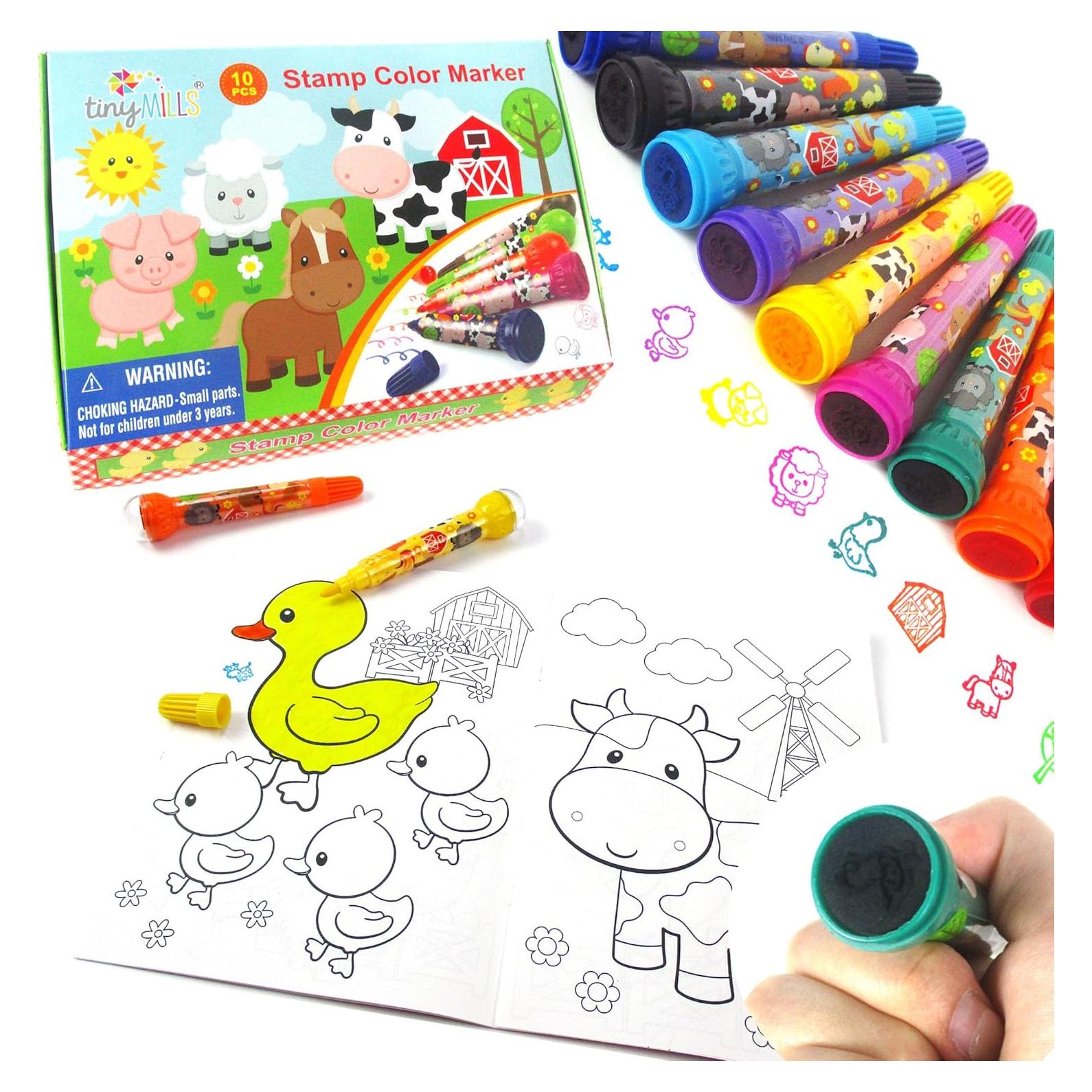 TINYMILLS Farm Animals Barnyard Stamper Color Markers, Set of 10