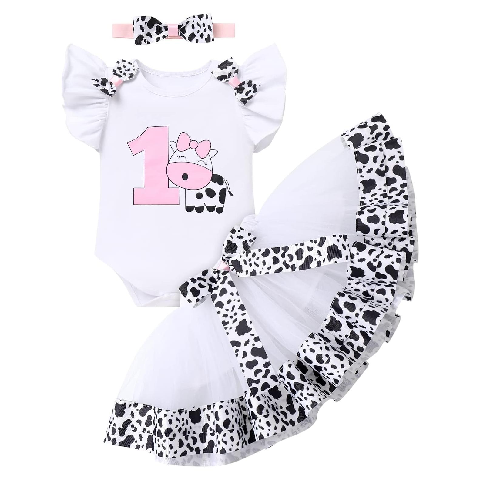 Conjunto de Cumpleaños Vaca para Niña 1-3 Años Tutu Diadema