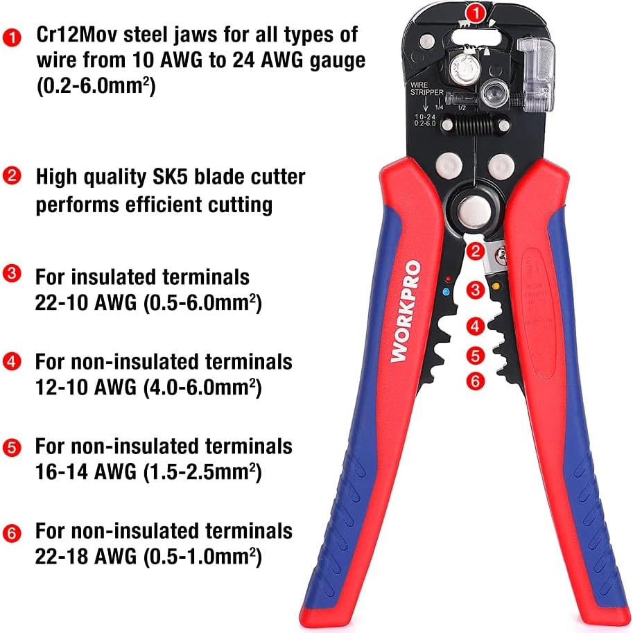 Juego de Pelacables WORKPRO 8" Autoajustables y Multi-Herramienta