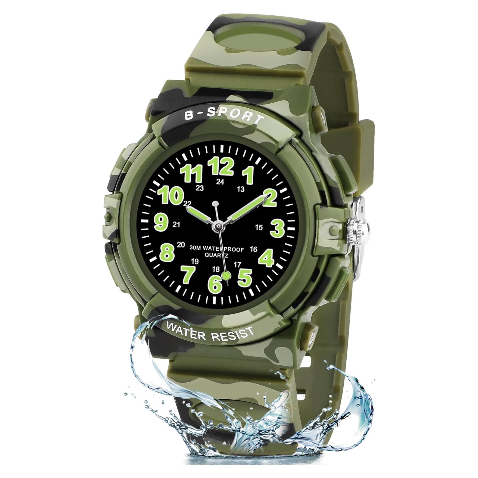 Reloj Analógico CKV para Niños 5-12 Años Impermeable Verde