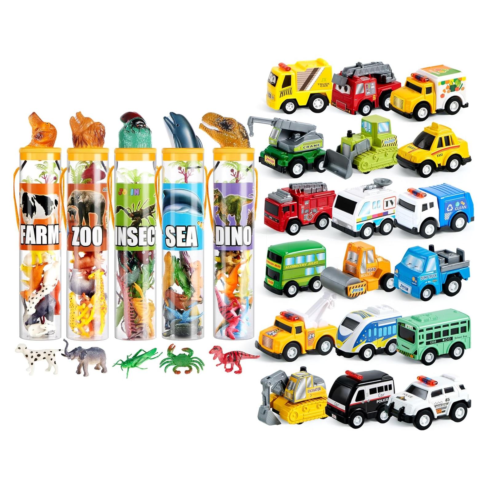 JOYIN 69Pcs Small Animal Figures, Assorted Mini Plastic Animal Toy (Ocean, Zoo, Farm, Dinosaur, Insect), and 18 Piece Pull Back City Cars and Trucks Toy Vehicles Set