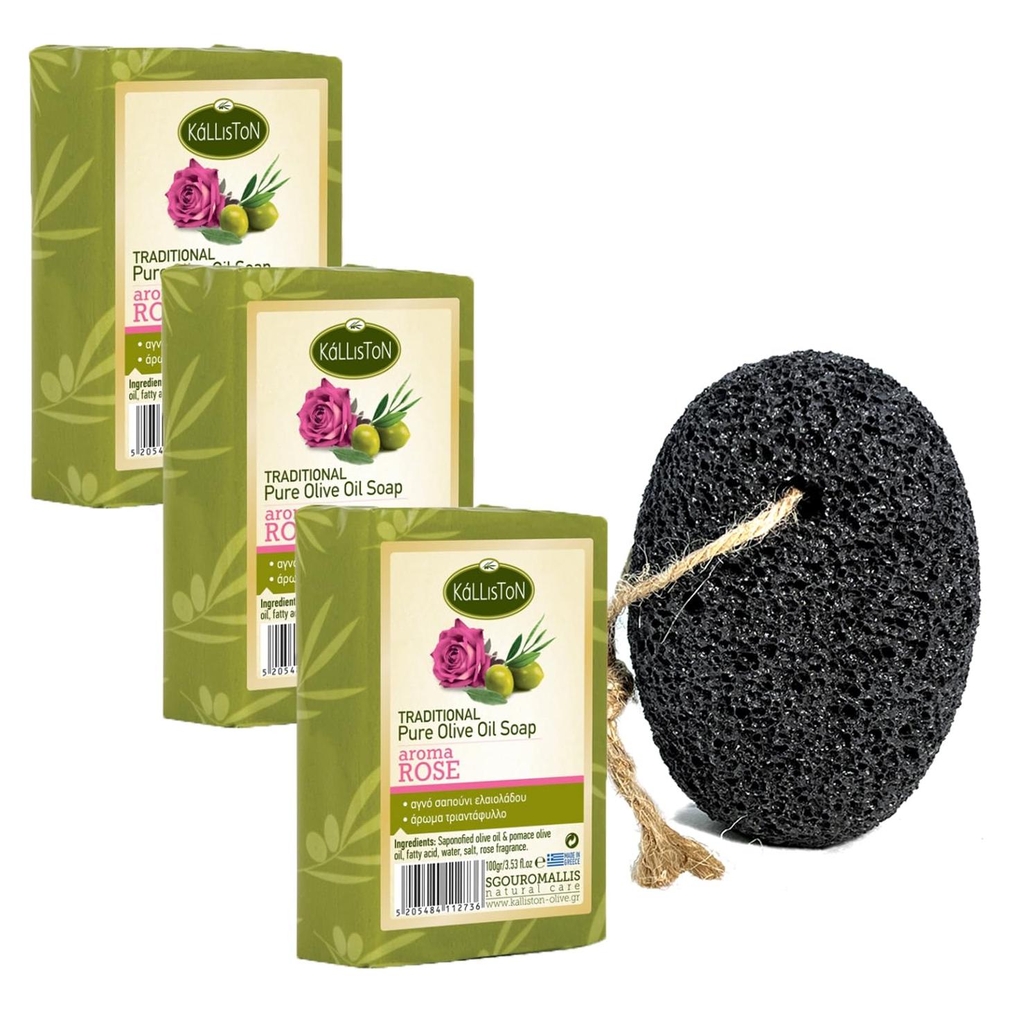 Jabón de Oliva Rosa Kalliston con Piedra Pómez 4 Unidades