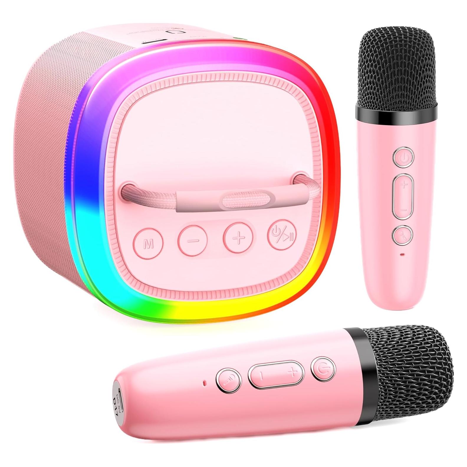 Mini Máquina de Karaoke HWWR Rosa 2 Micrófonos Inalámbricos