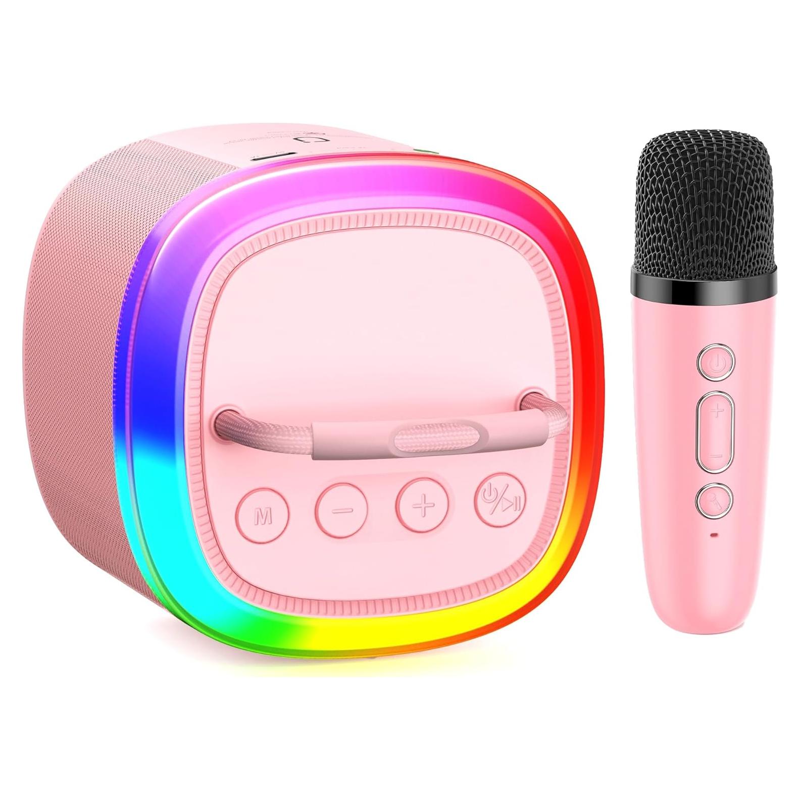 Mini Máquina de Karaoke HWWR Rosa con Micrófono y Luces