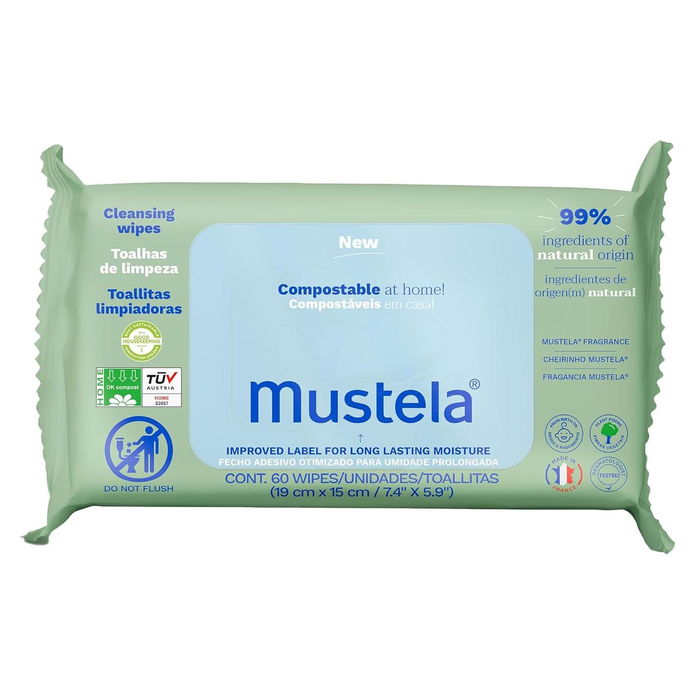 Toallitas Limpiadoras Compostables Mustela 60 Unidades Sin Fragancia