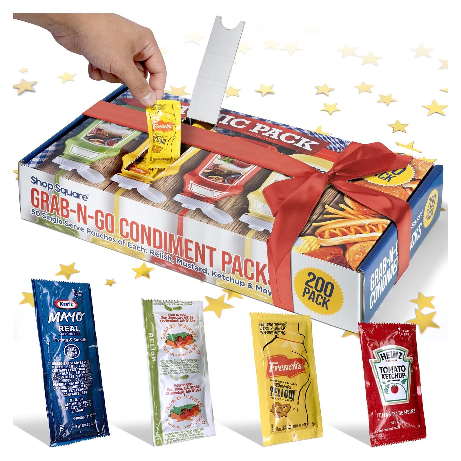 Paquete de Condimentos Shop Square - 200 Bolsitas Ketchup, Mostaza, Mayonesa y Relish