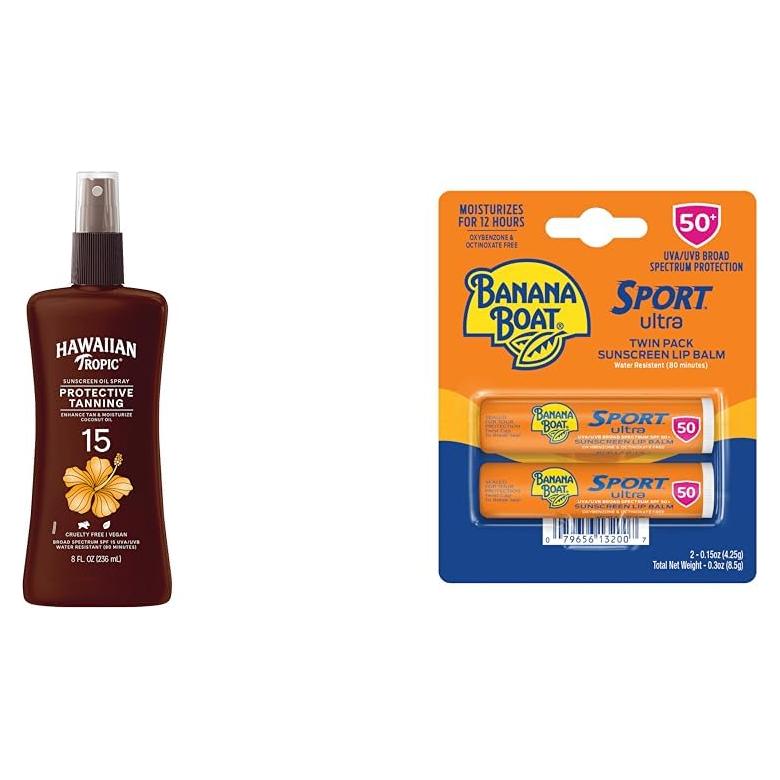 Spray Bronceador Hawaiian Tropic SPF 15 + Balsamo Labial SPF 50