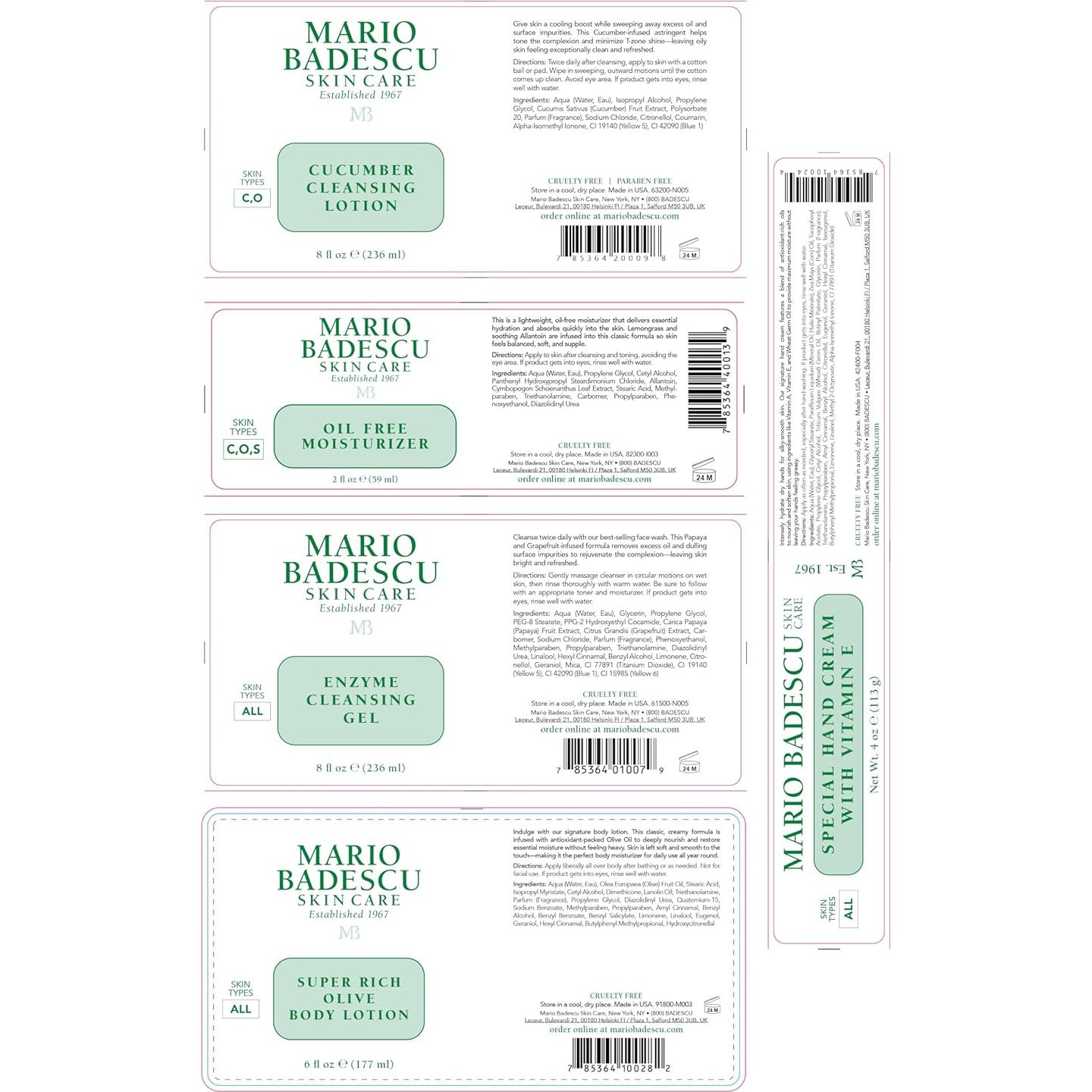 Set de Regalo Cuidado de la Piel Mario Badescu - Hidratante SPF 17, Gel Limpiador, Loción de Pepino, Crema de Manos y Más