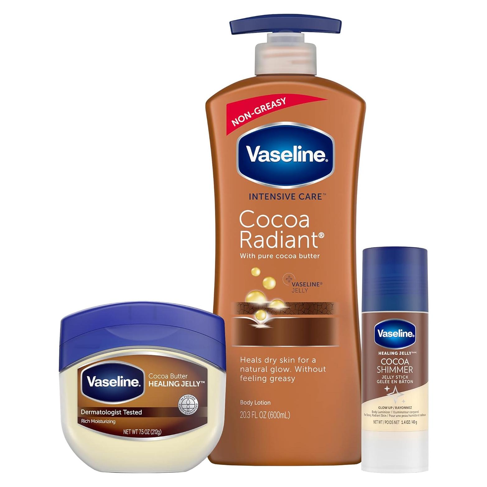 Loción Vaseline Cuidado Intensivo Radiant Cocoa 575 g + Gel 213 g + Barra 40 g
