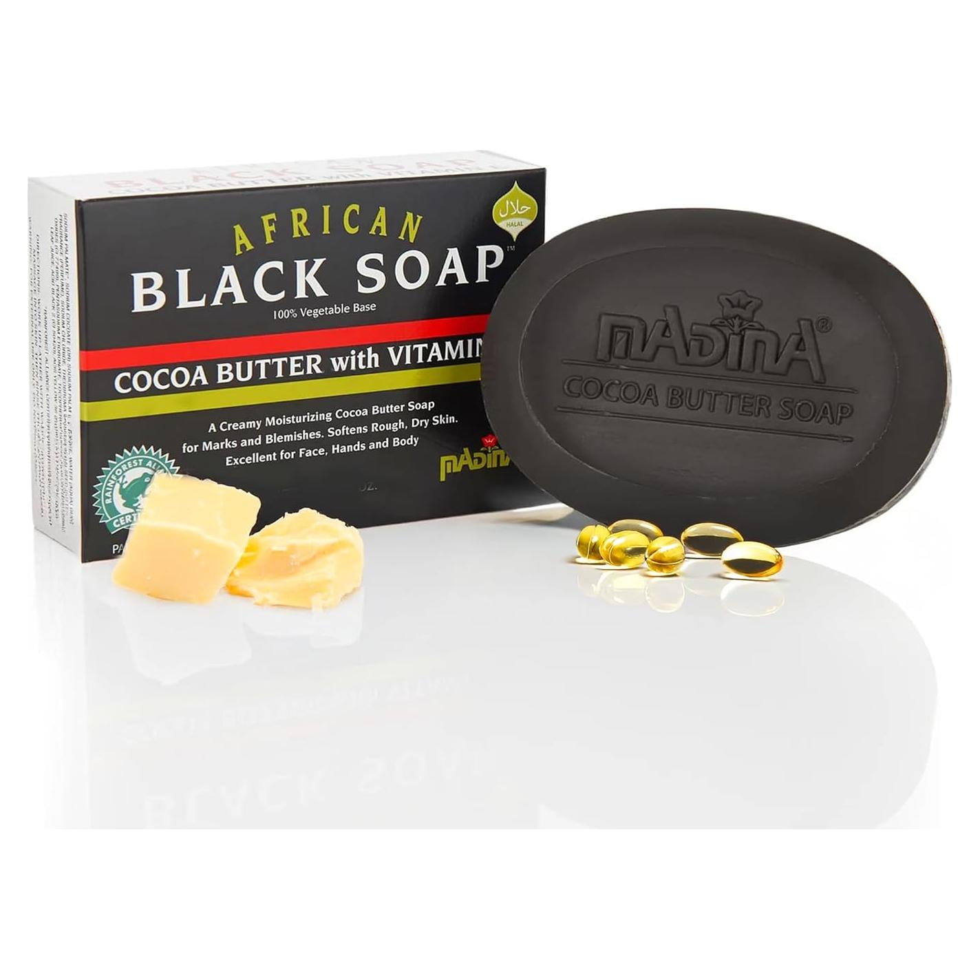 Jabón Negro Africano Madina - Hidratante con Manteca de Cacao, 6 Piezas