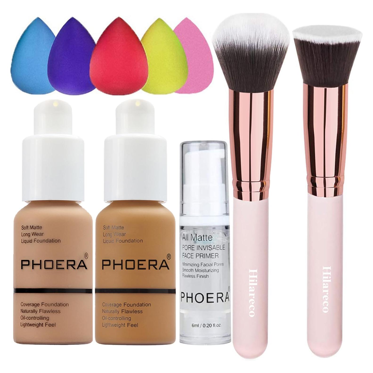 Set de Maquillaje PHOERA: Base, Primer, Brochas y Esponjas 30ml