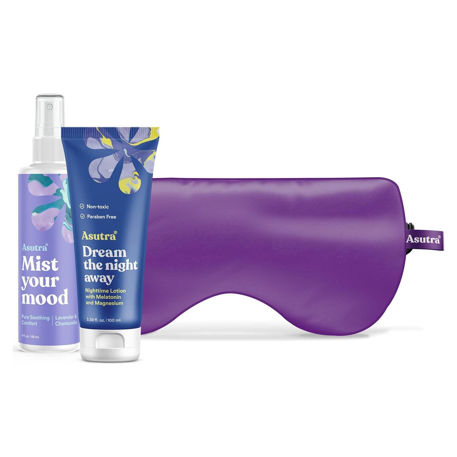 Conjunto de Dormitorio Asutra - Almohadilla de Ojos Seda, Loción Melatonina y Rocío Aromaterapia