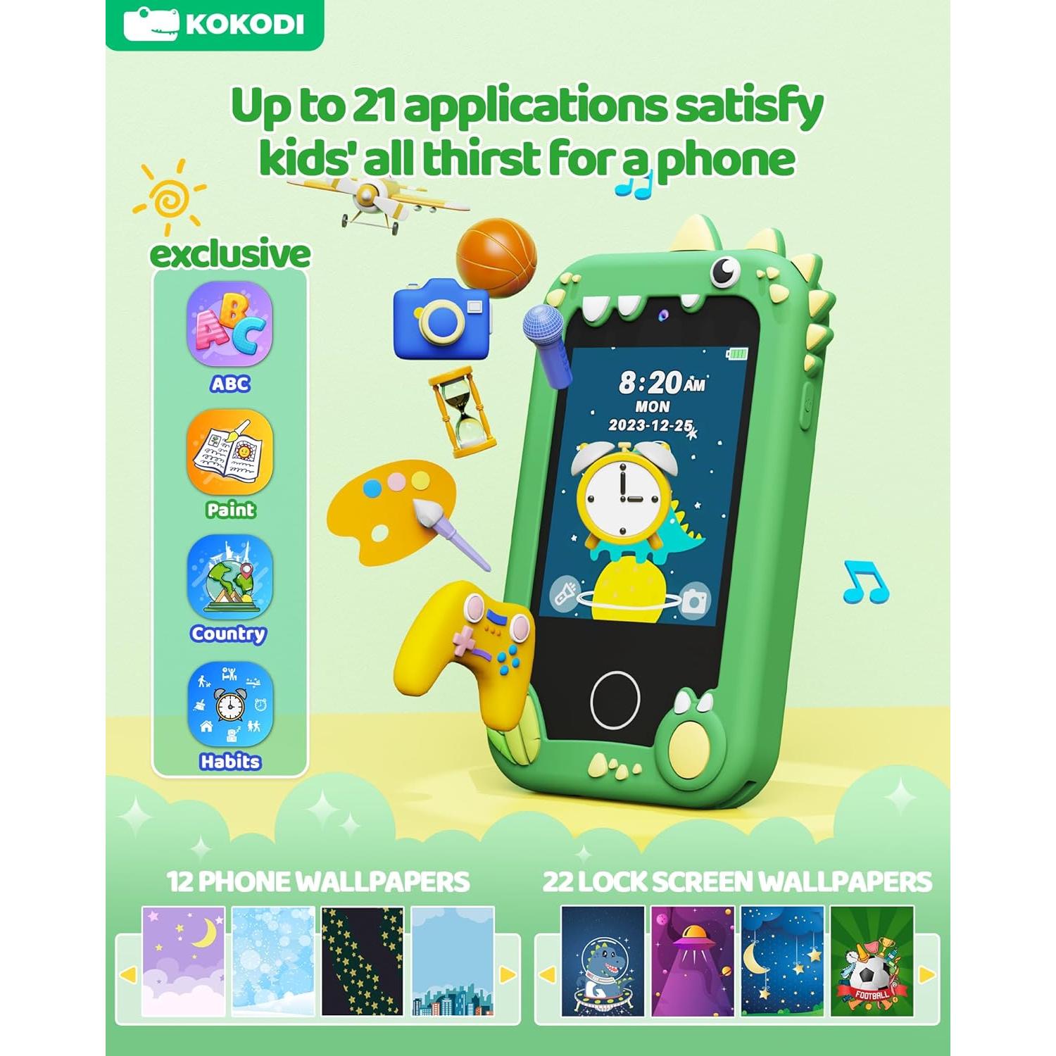 KOKODI Teléfono Inteligente Verde para Niños 3-10 Años