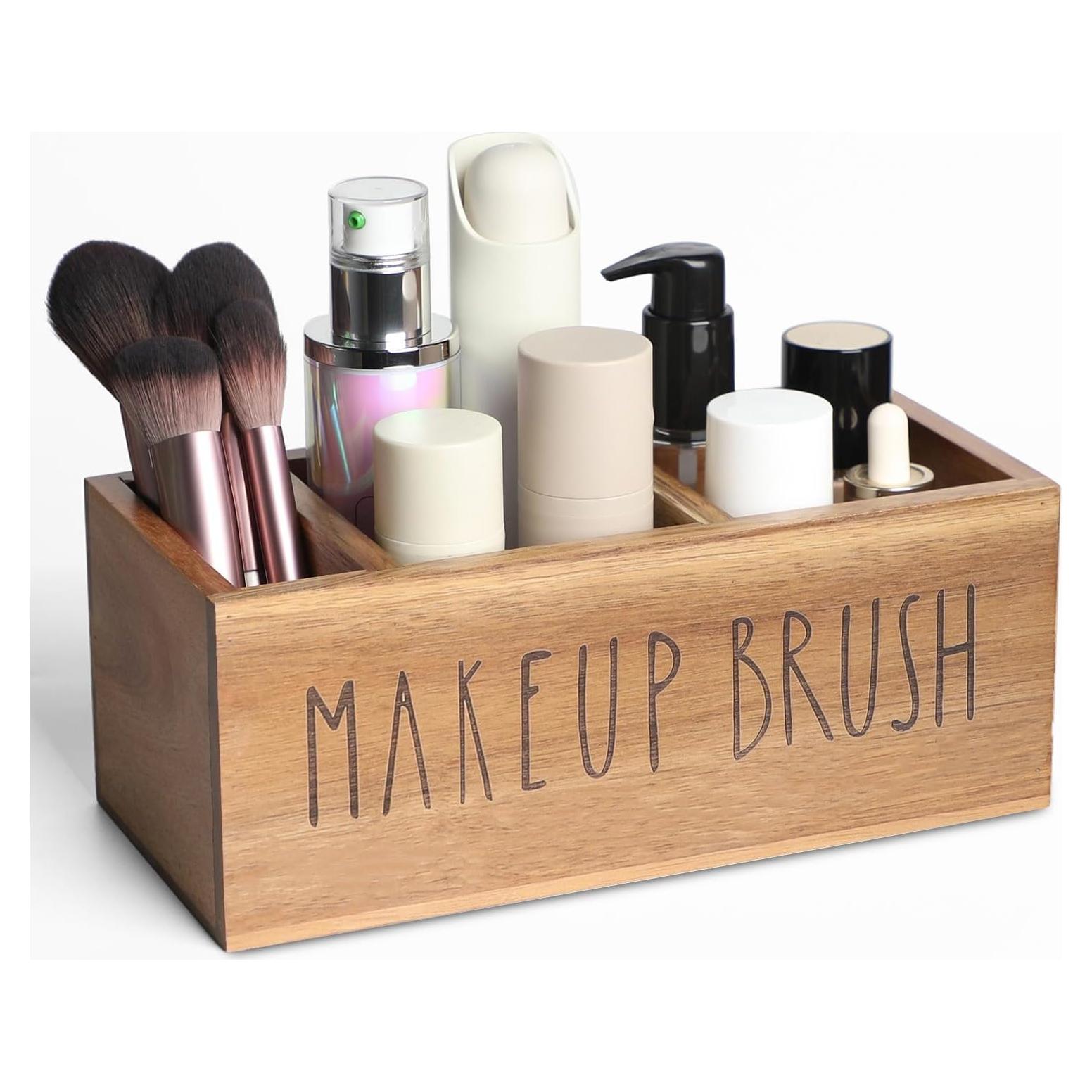 Organizador de Brochas de Maquillaje LBEMEY de Madera Acacia 3 Compartimentos