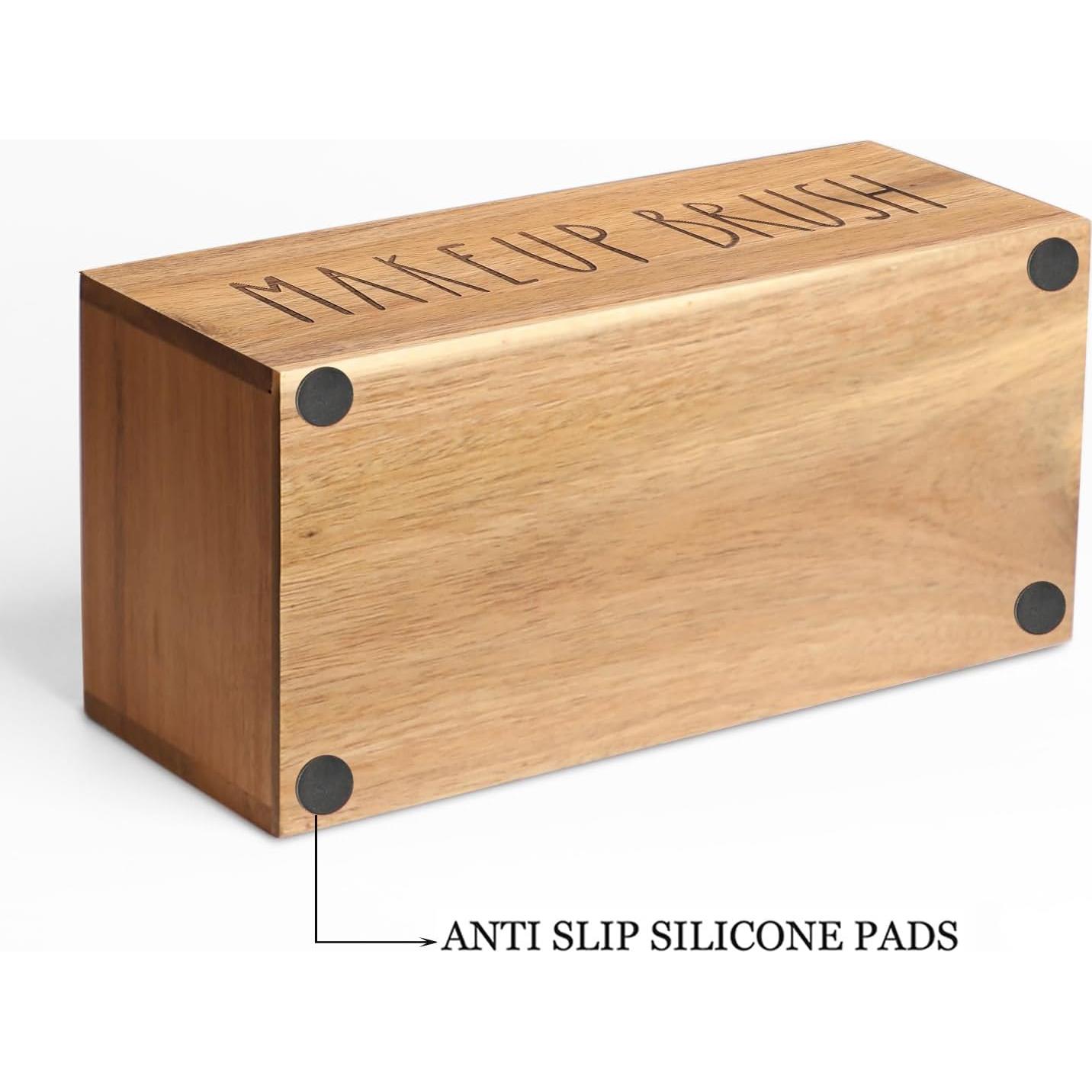 Organizador de Brochas de Maquillaje LBEMEY de Madera Acacia 3 Compartimentos