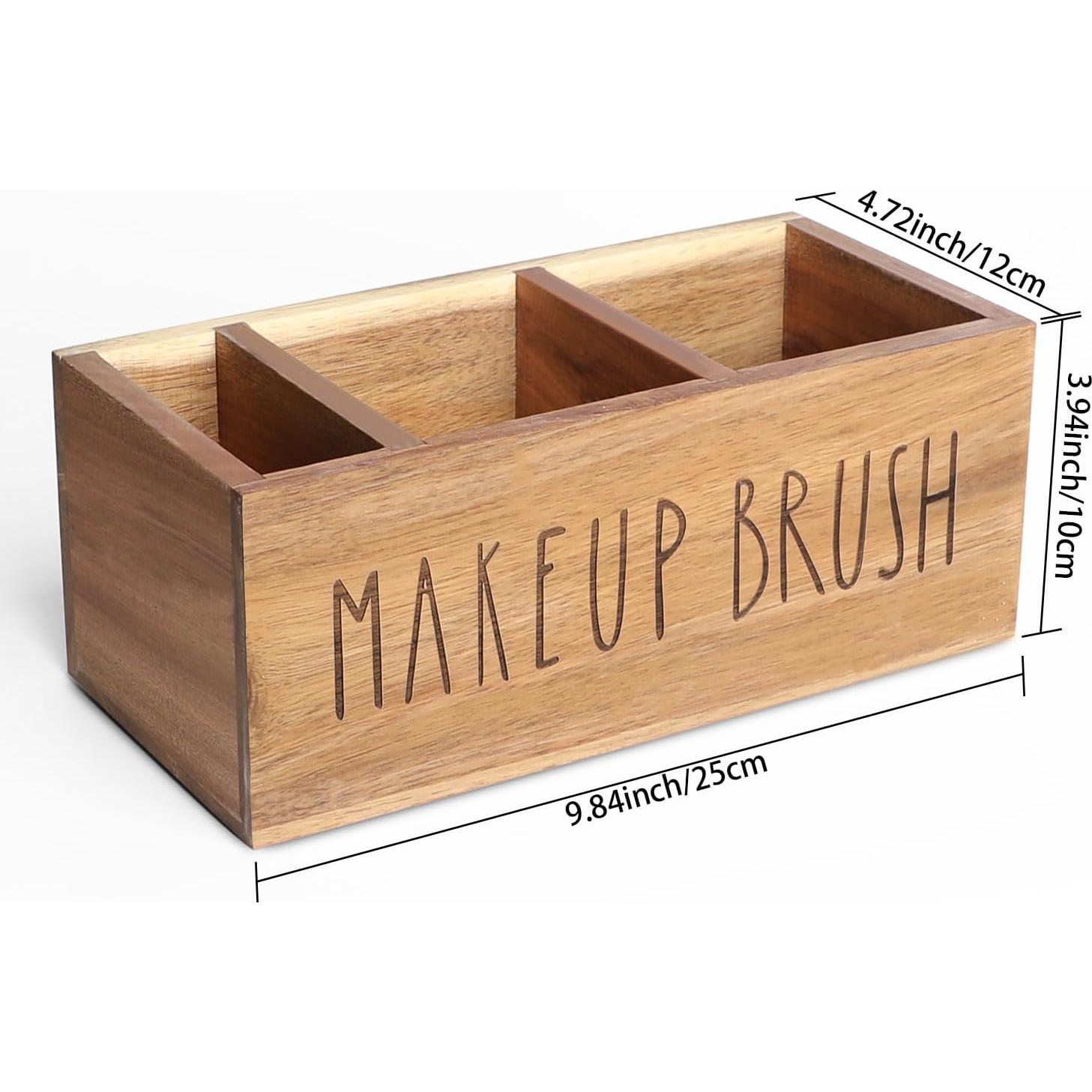 Organizador de Brochas de Maquillaje LBEMEY de Madera Acacia 3 Compartimentos