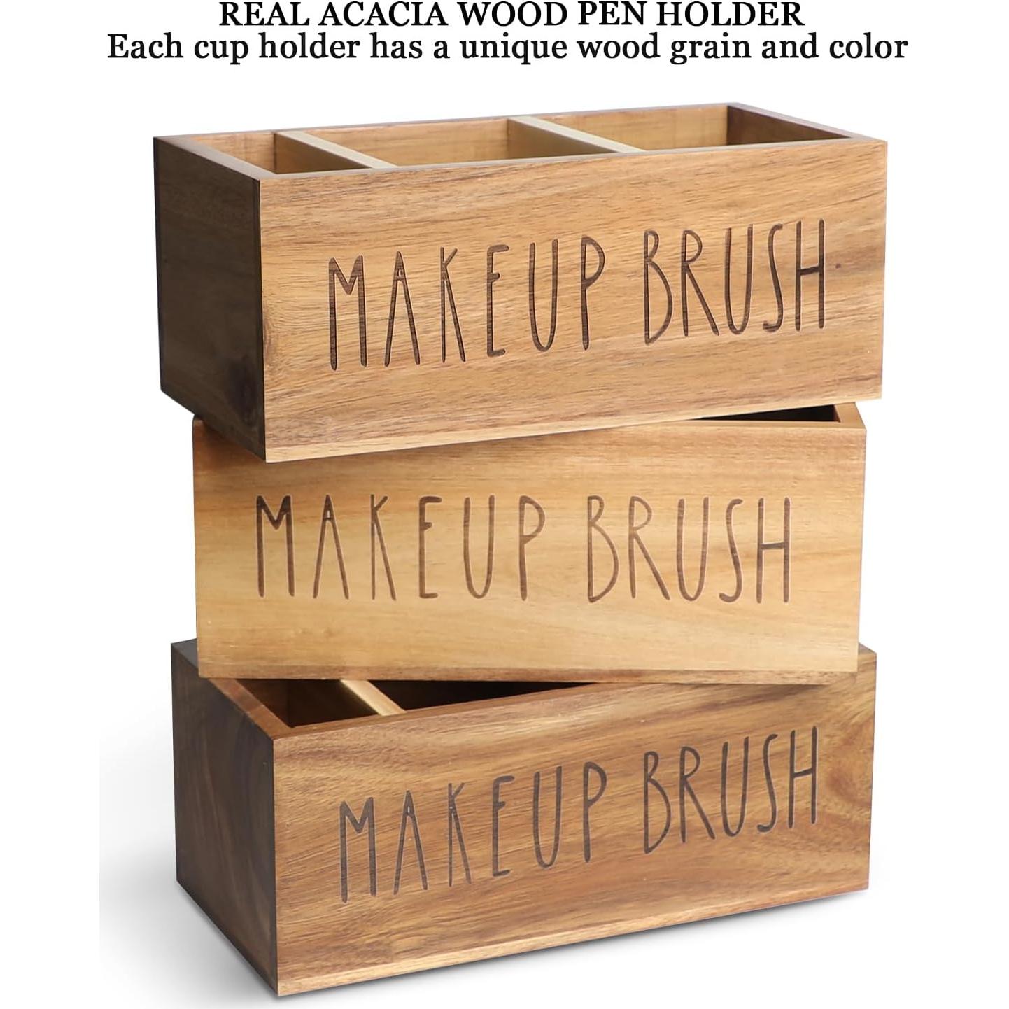 Organizador de Brochas de Maquillaje LBEMEY de Madera Acacia 3 Compartimentos