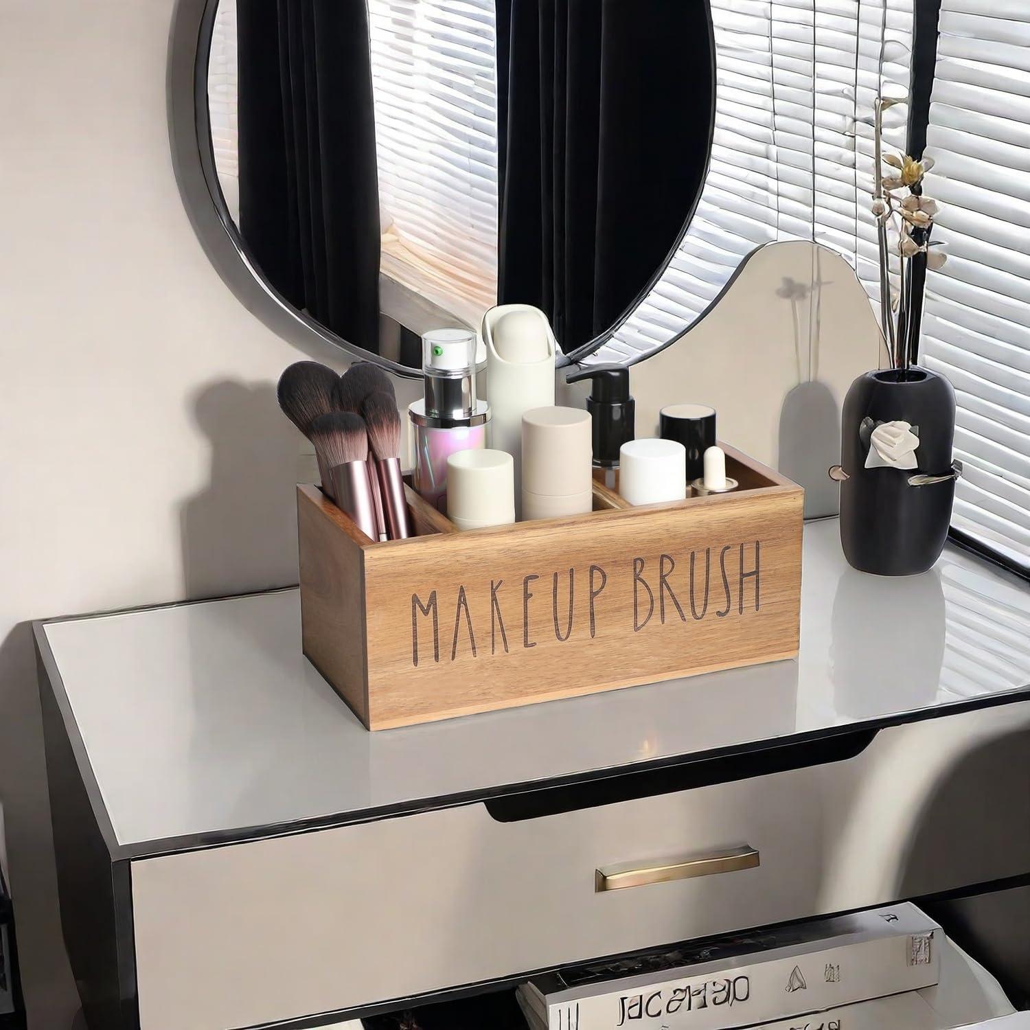 Organizador de Brochas de Maquillaje LBEMEY de Madera Acacia 3 Compartimentos