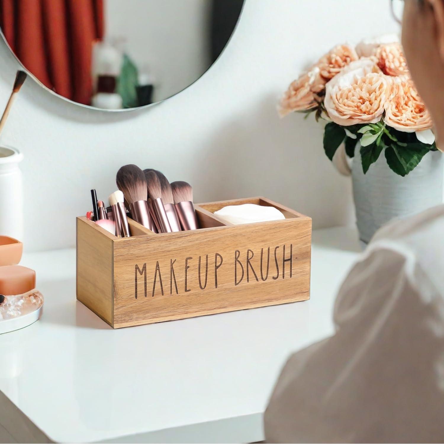 Organizador de Brochas de Maquillaje LBEMEY de Madera Acacia 3 Compartimentos