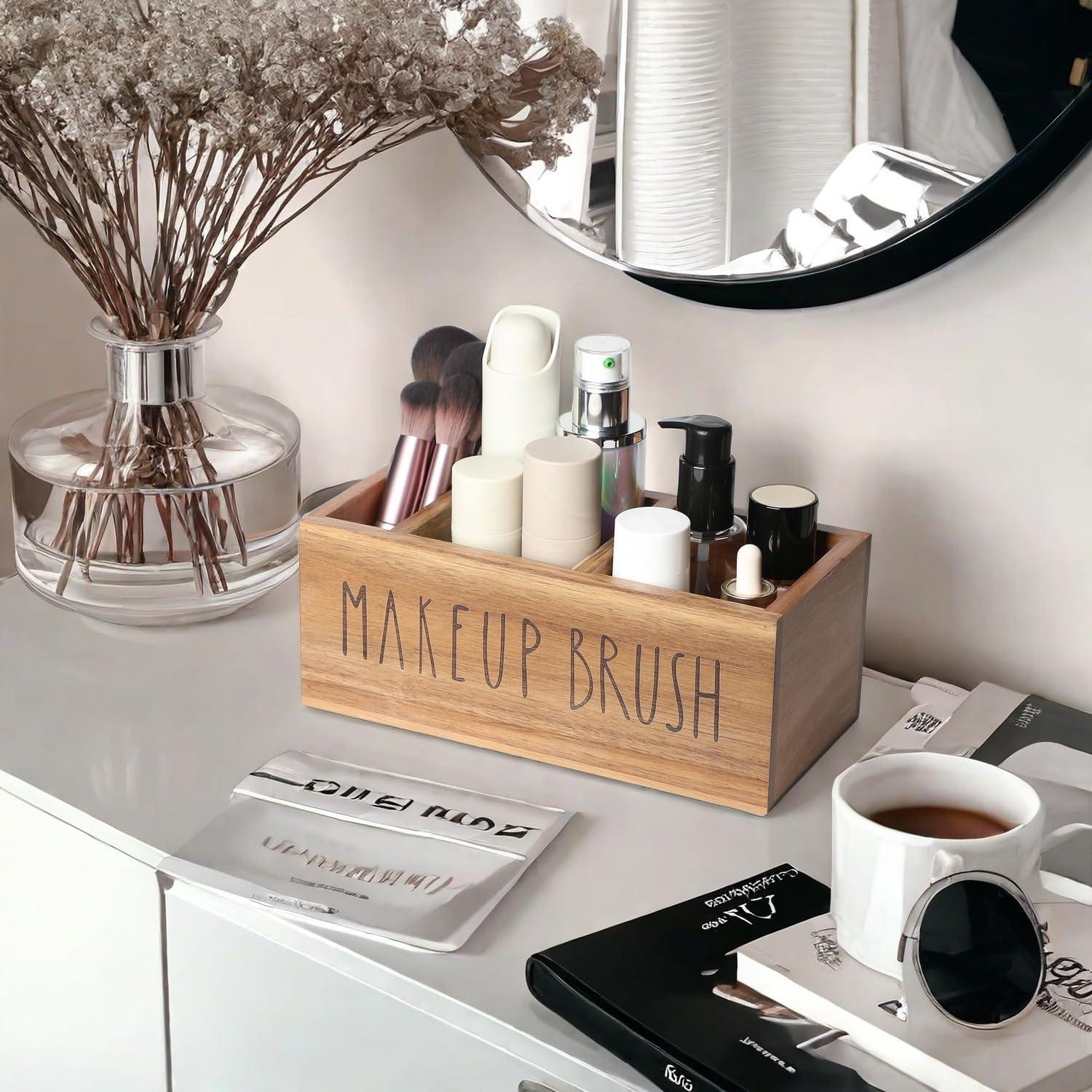 Organizador de Brochas de Maquillaje LBEMEY de Madera Acacia 3 Compartimentos