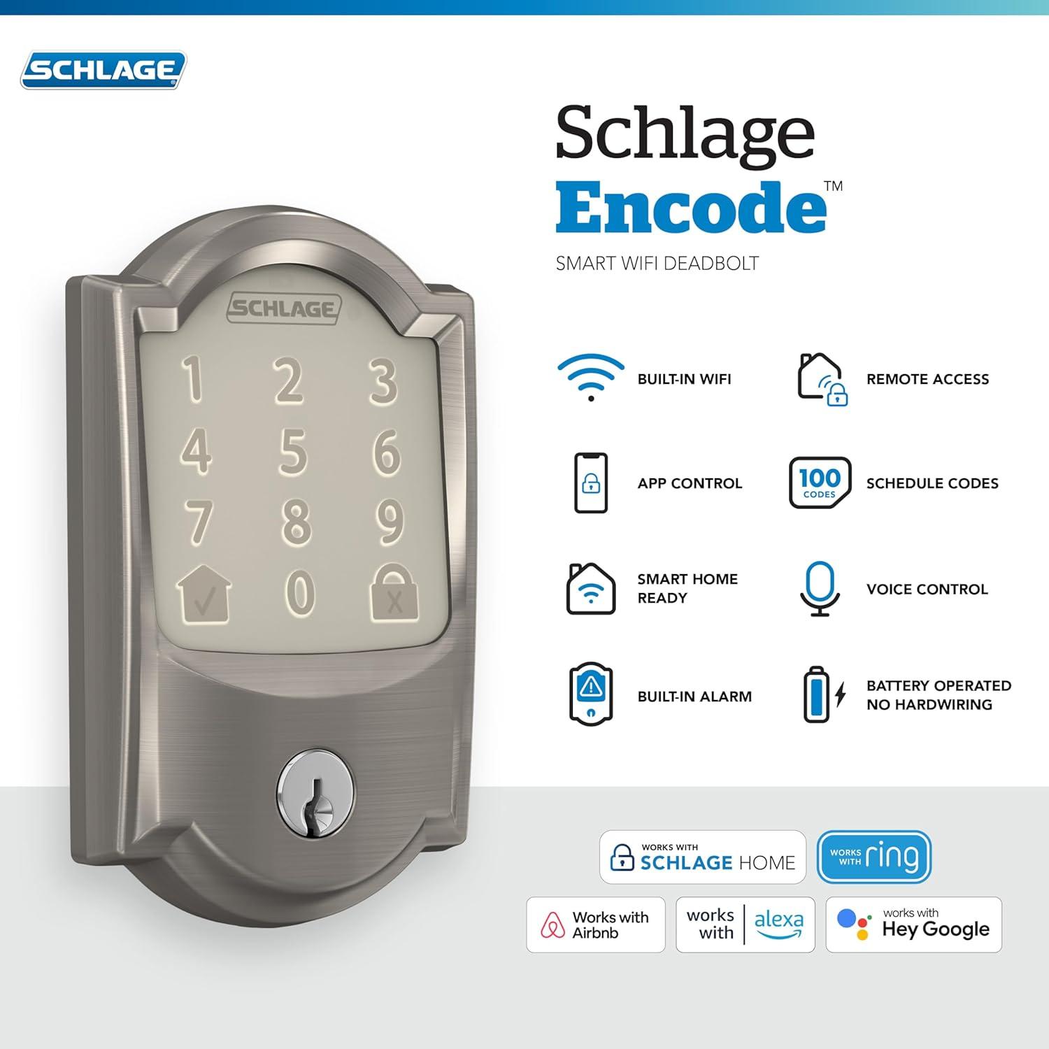 Cerradura Inteligente Wi-Fi SCHLAGE Encode Camelot Níquel Satinado