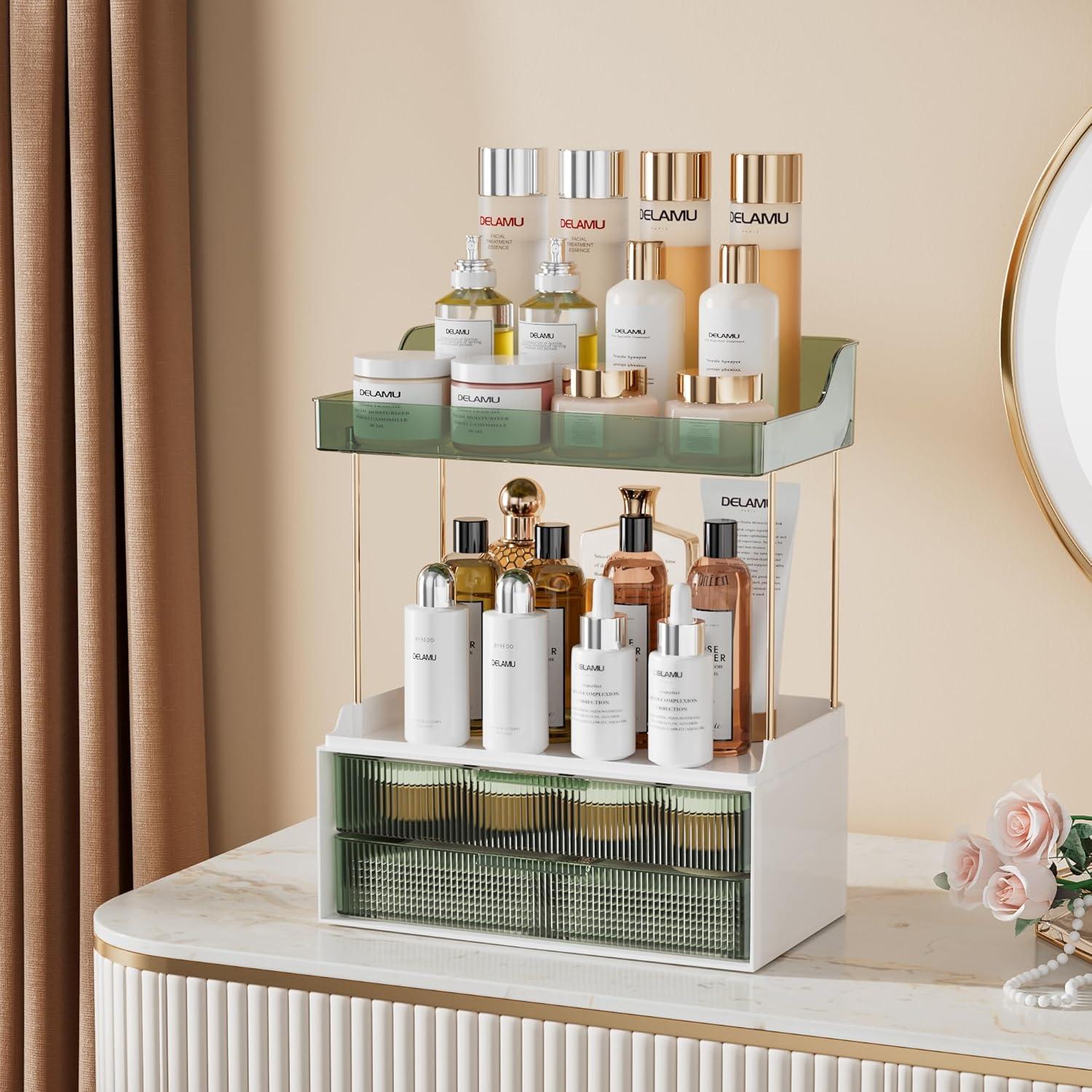 Organizador de Maquillaje Delamu Verde 2 Niveles 2 Cajones