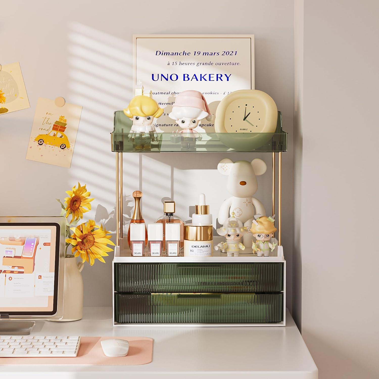 Organizador de Maquillaje Delamu Verde 2 Niveles 2 Cajones