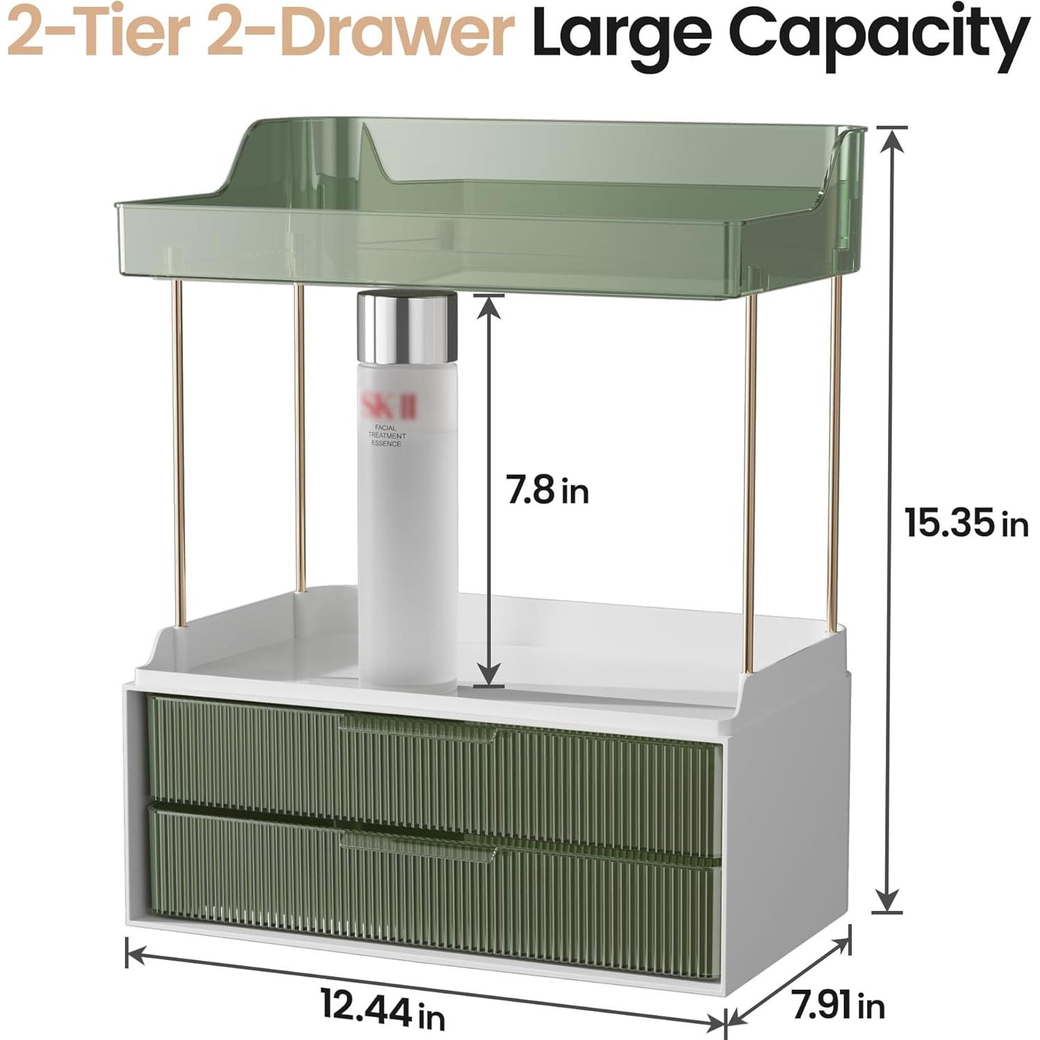Organizador de Maquillaje Delamu Verde 2 Niveles 2 Cajones