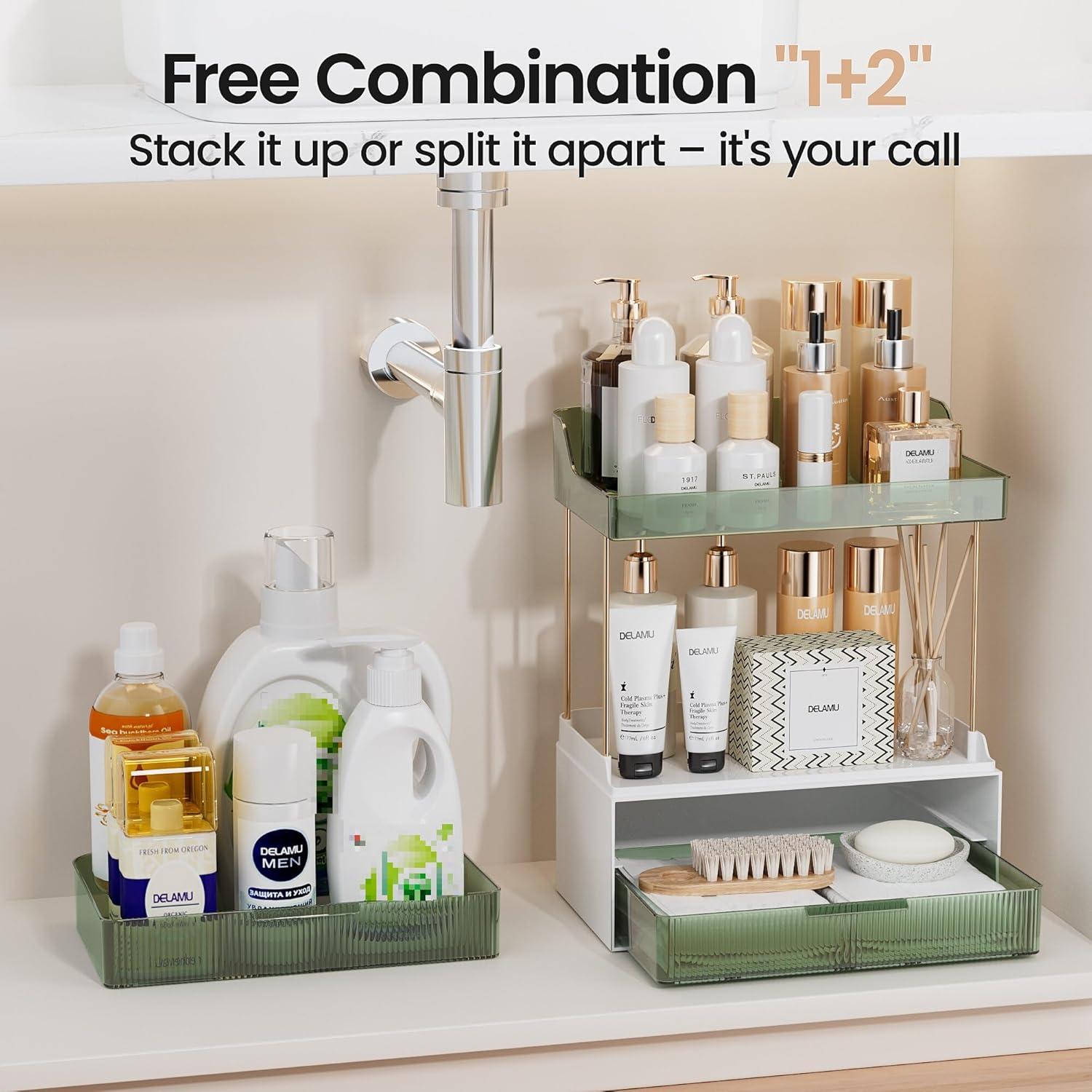 Organizador de Maquillaje Delamu Verde 2 Niveles 2 Cajones