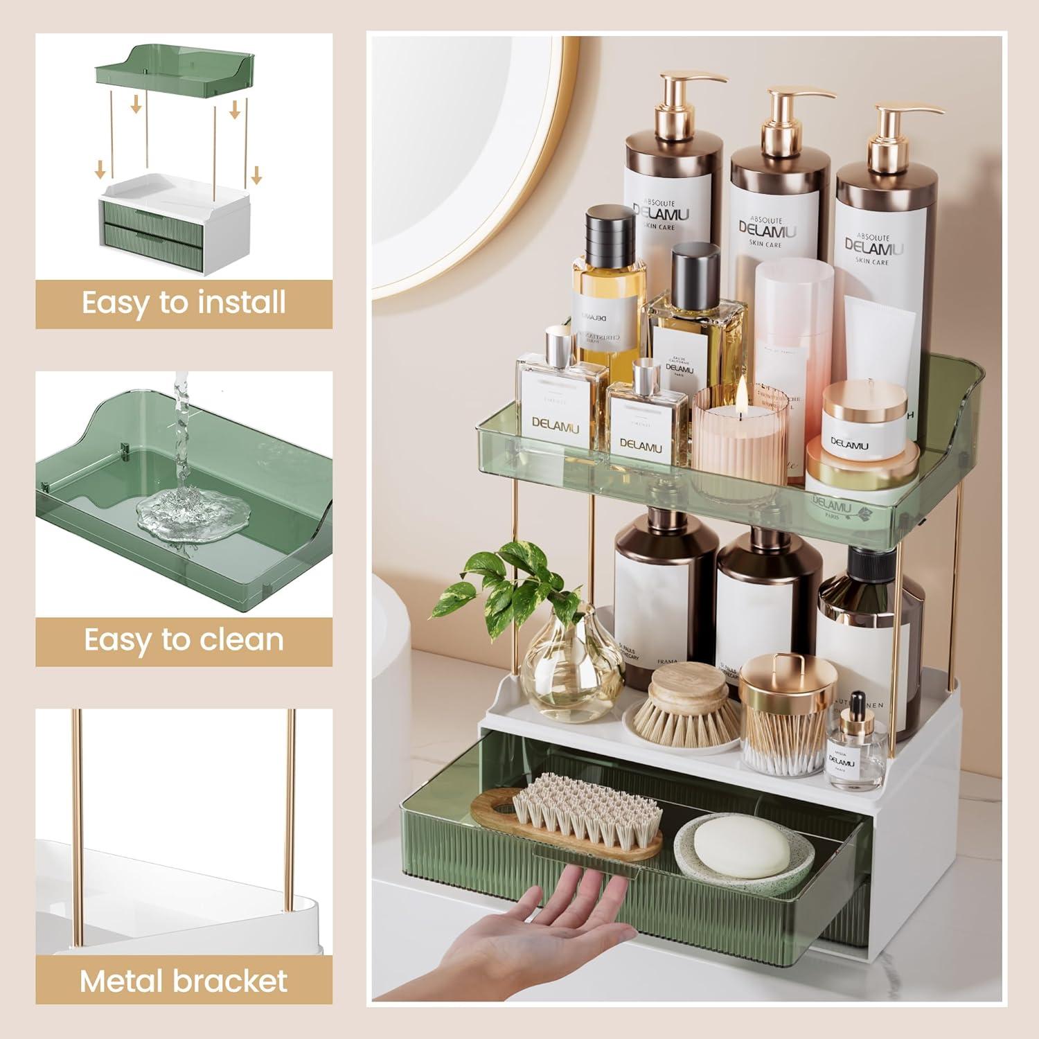 Organizador de Maquillaje Delamu Verde 2 Niveles 2 Cajones