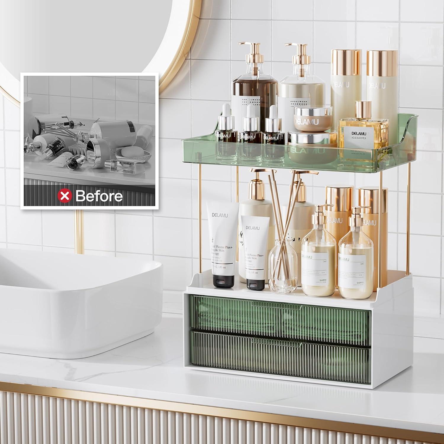 Organizador de Maquillaje Delamu Verde 2 Niveles 2 Cajones