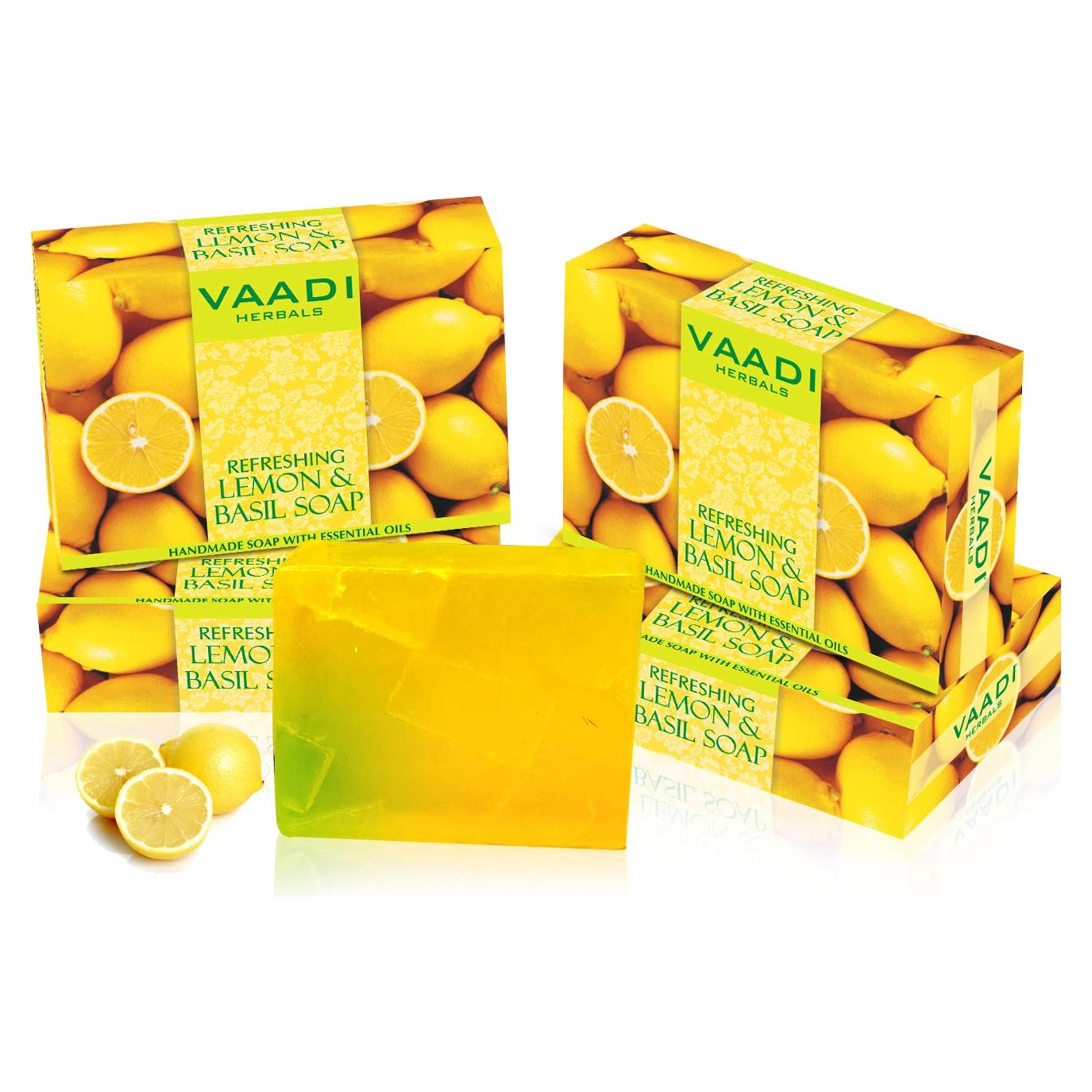 Jabón en barra de aceite de limón y albahaca Vaadi Herbals, 150g x 4