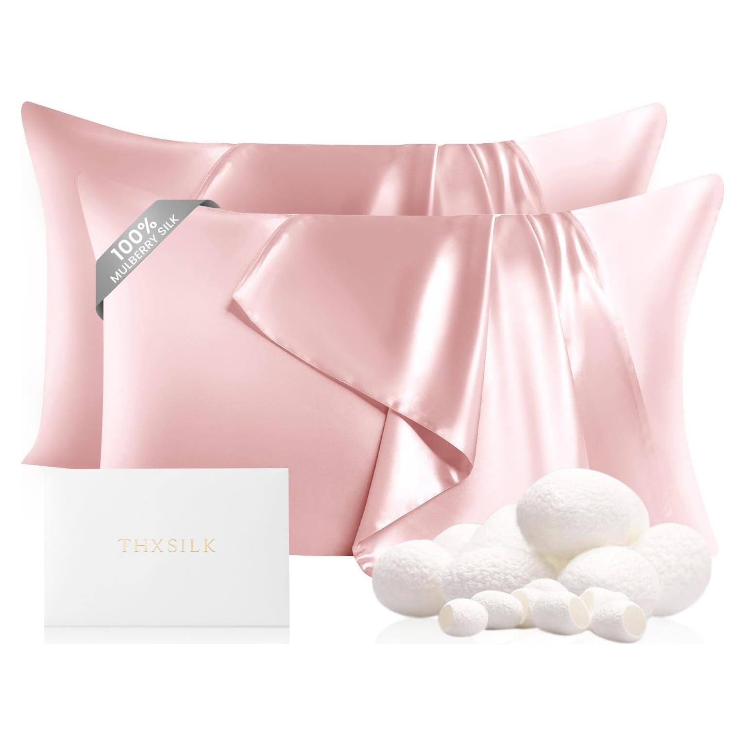 Juego de 2 Fundas de Almohada de Seda THXSILK King Rosa