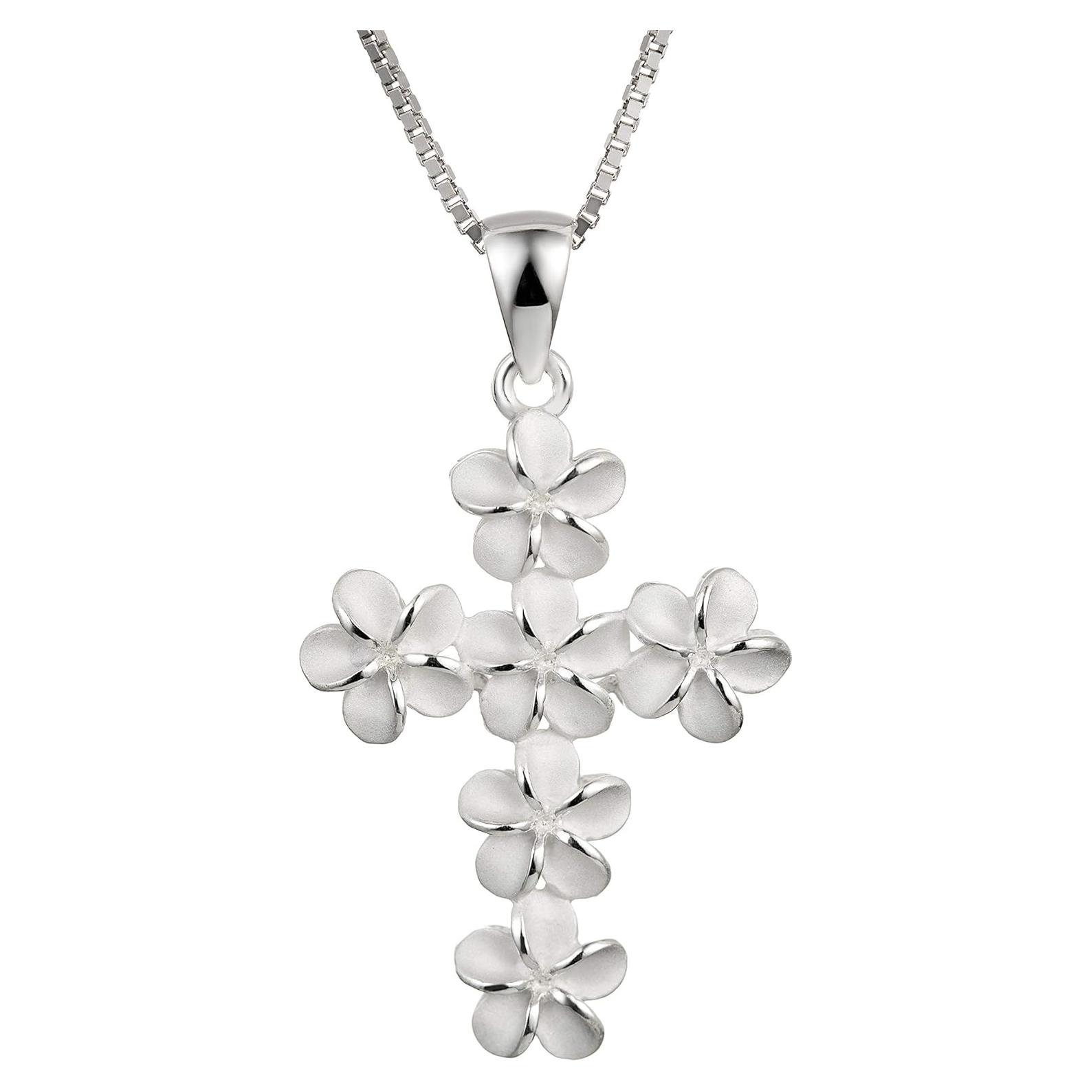 Colgante Cruz Plumeria Plata Esterlina 925 con Cadena 45.72 cm