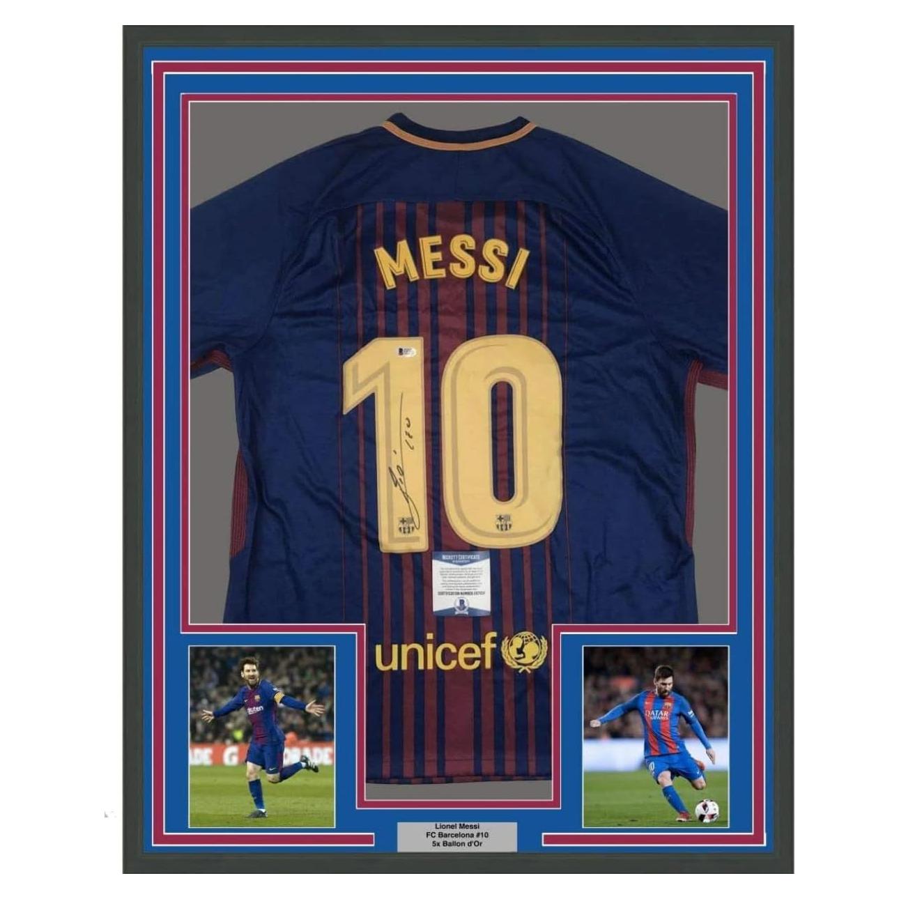 Camiseta de fútbol firmada FC Barcelona Messi enmarcada 89x99 cm
