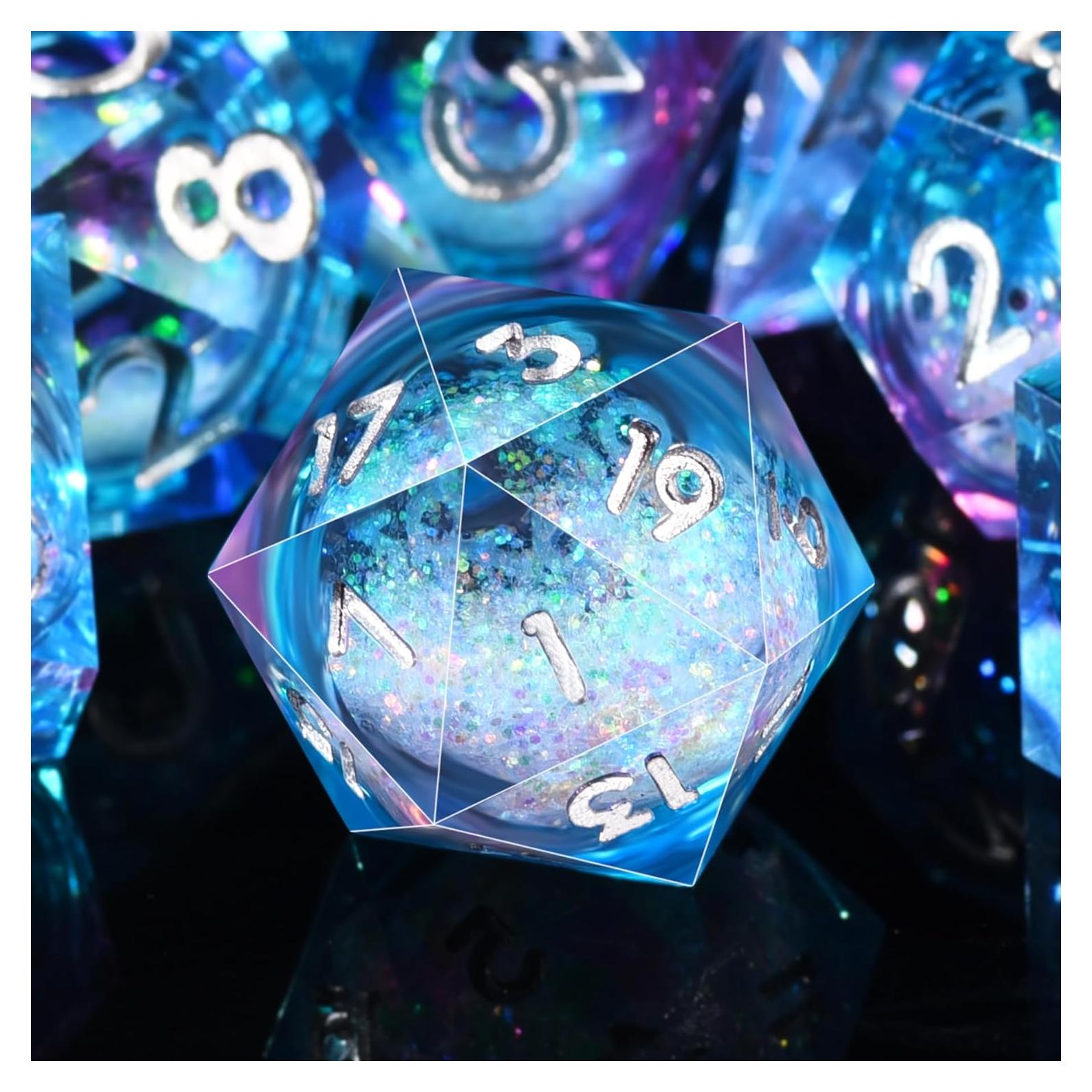 Juego de Dados Poliedricos DND AUSTOR 7 Piezas Resina Líquida Azul Violeta