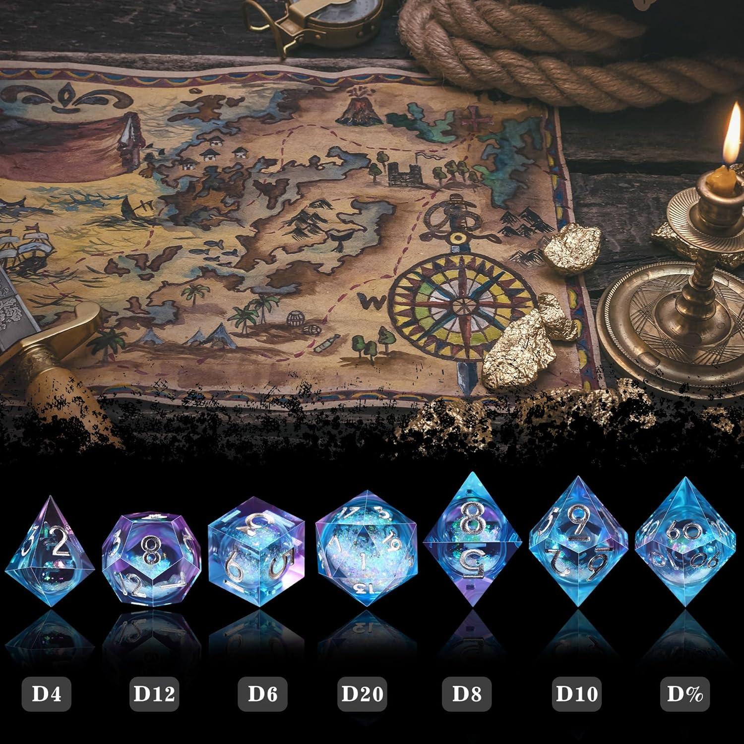 Juego de Dados Poliedricos DND AUSTOR 7 Piezas Resina Líquida Azul Violeta