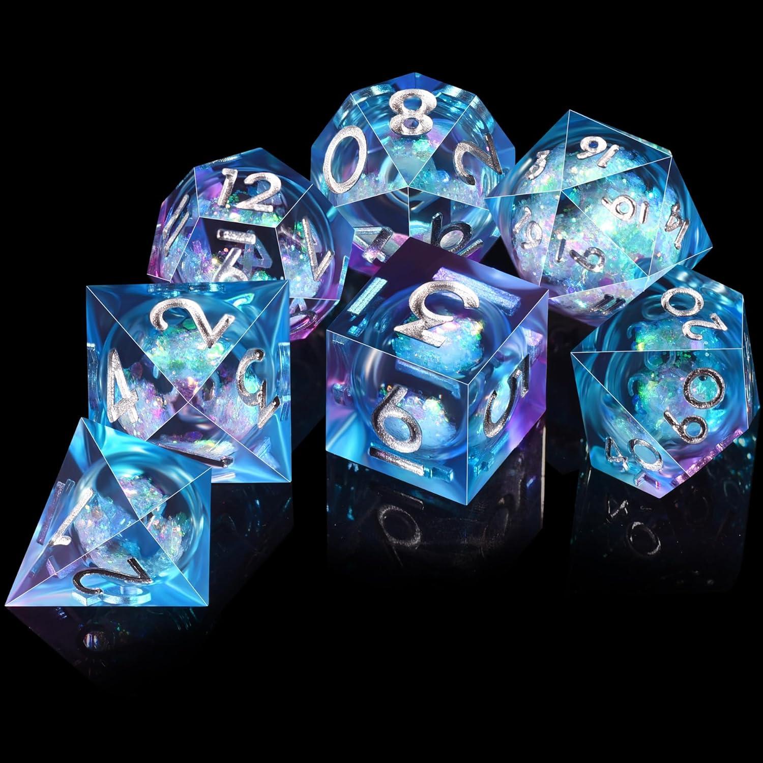 Juego de Dados Poliedricos DND AUSTOR 7 Piezas Resina Líquida Azul Violeta