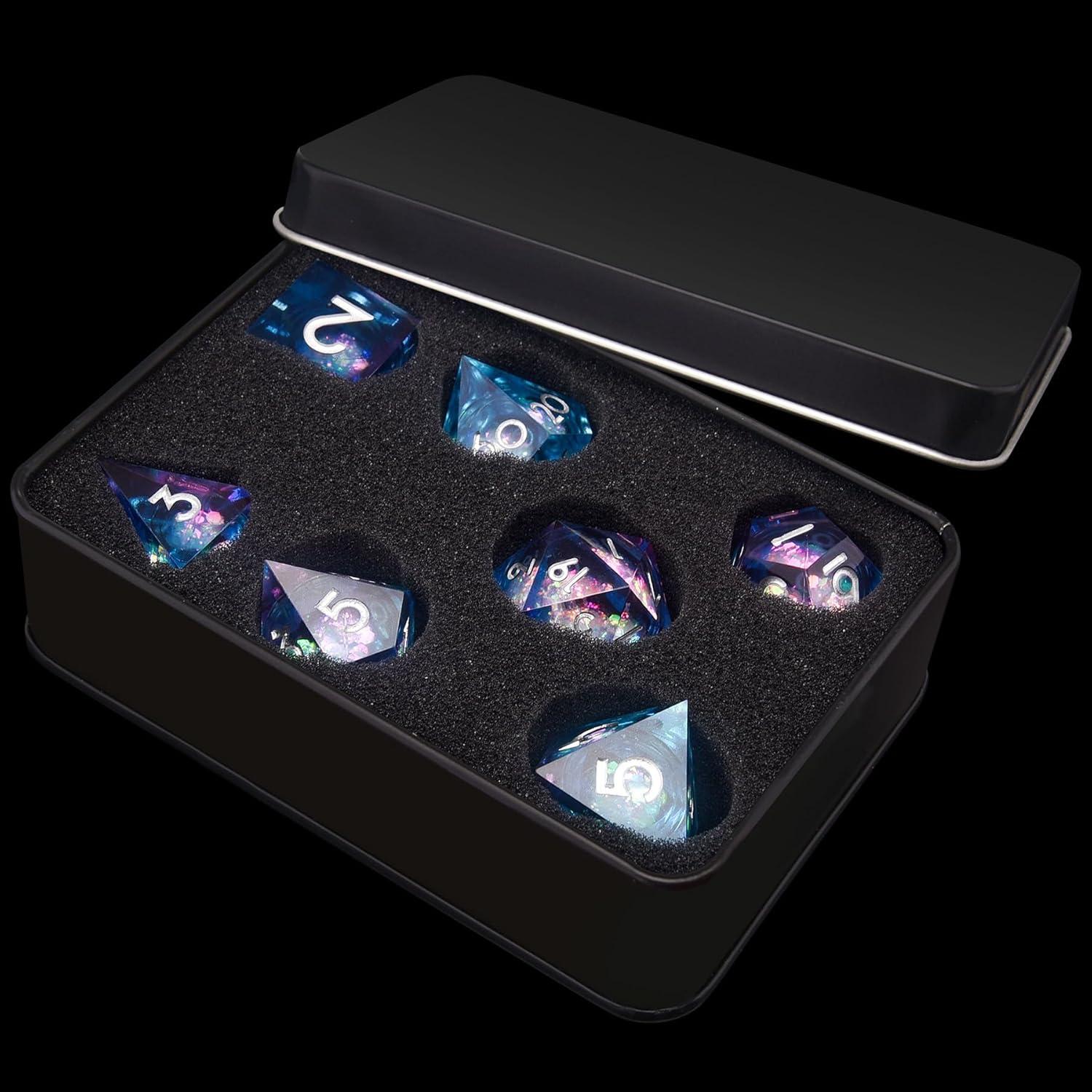 Juego de Dados Poliedricos DND AUSTOR 7 Piezas Resina Líquida Azul Violeta