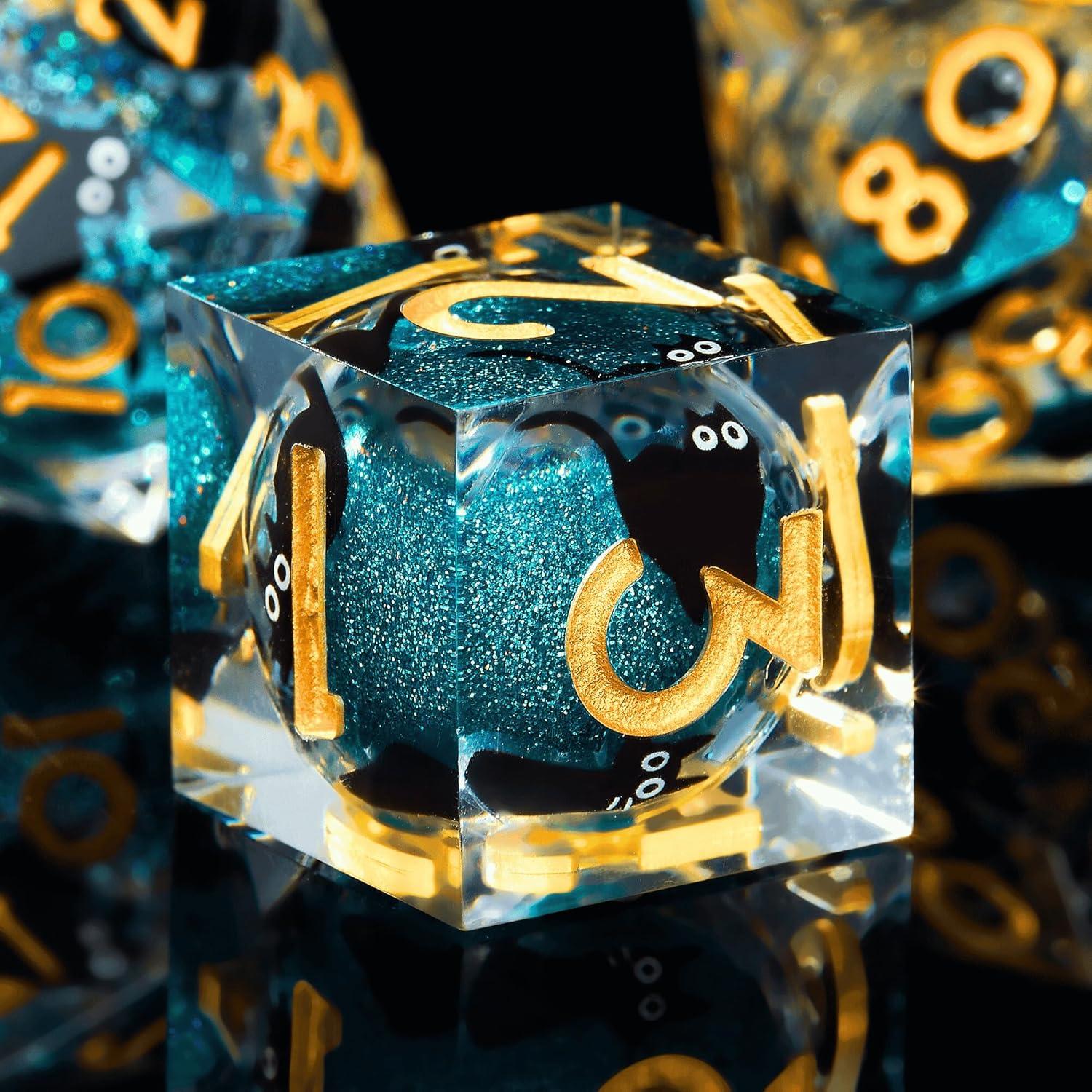 Juego de Dados Liquid Core Cat DND 7 Piezas Azul - GemLore