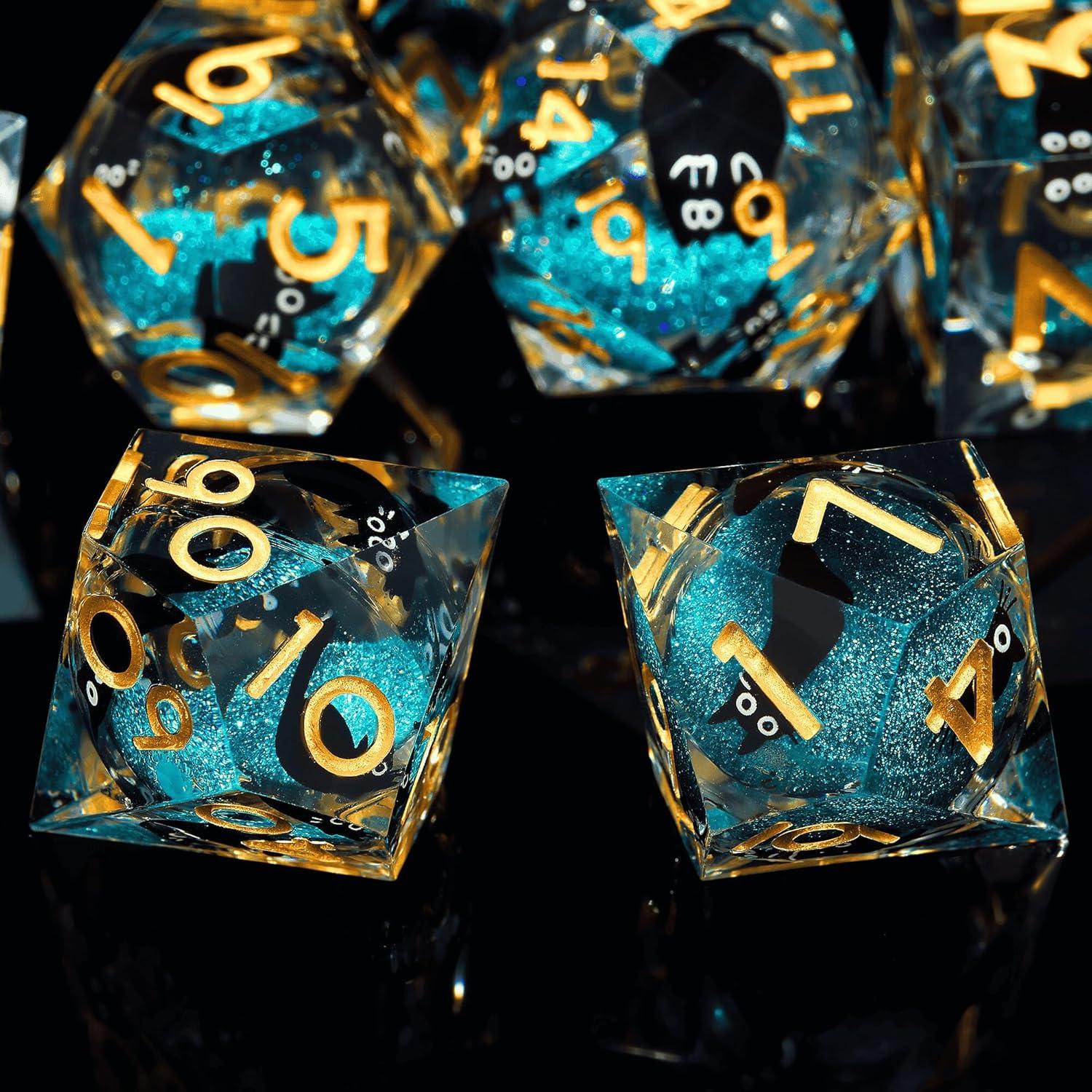 Juego de Dados Liquid Core Cat DND 7 Piezas Azul - GemLore