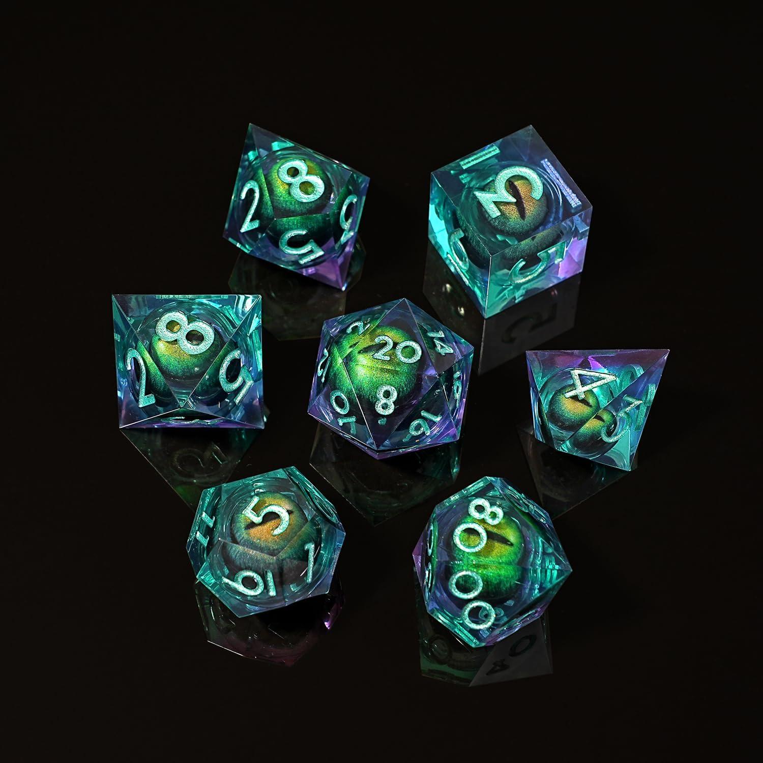 Juego de Dados Ojo de Dragón DnD 7 Pcs Resina Verde y Negro