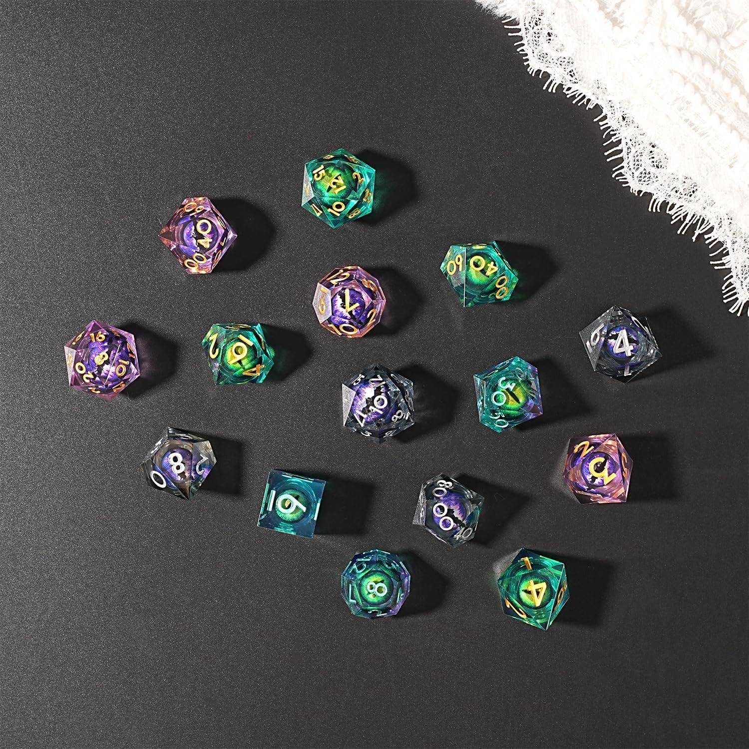 Juego de Dados Ojo de Dragón DnD 7 Pcs Resina Verde y Negro