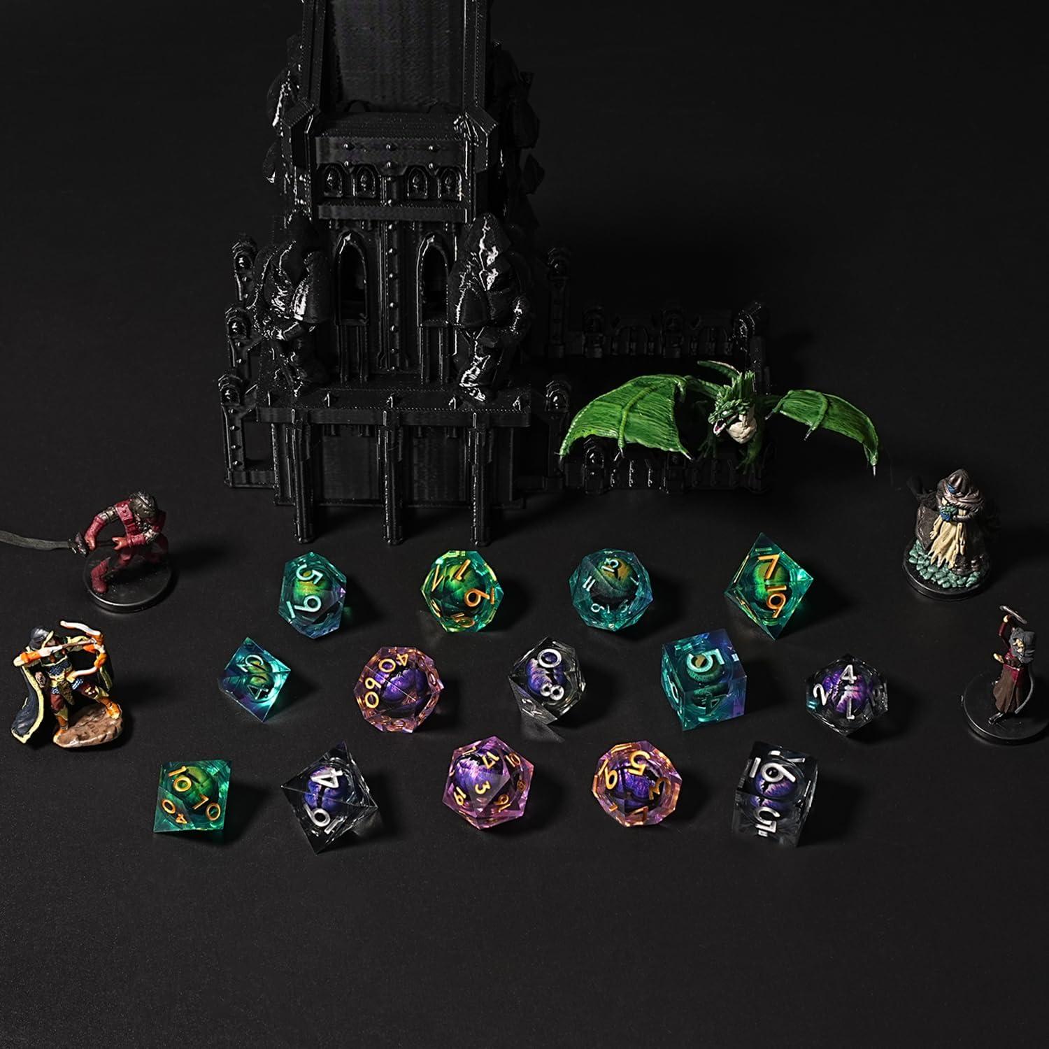 Juego de Dados Ojo de Dragón DnD 7 Pcs Resina Verde y Negro