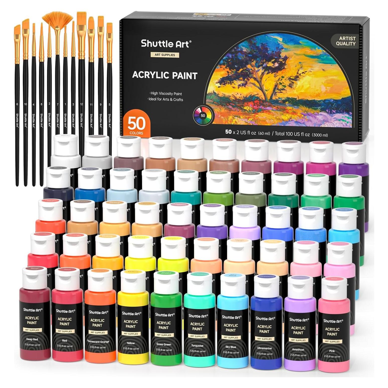Set de 50 Pinturas Acrílicas Shuttle Art 60ml, No Tóxicas