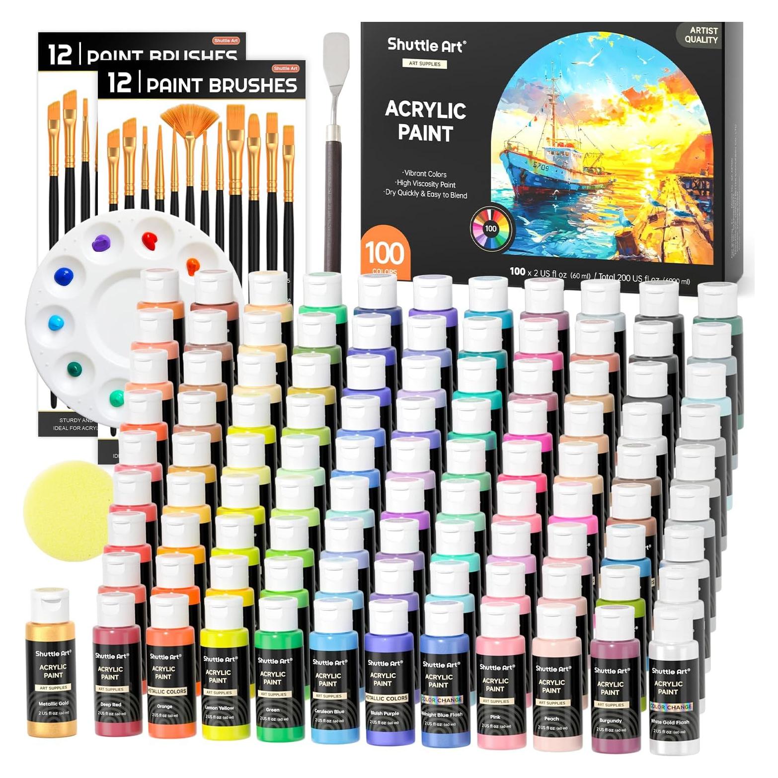 Set de Pintura Acrílica Shuttle Art 100 Colores 60ml con Pinceles