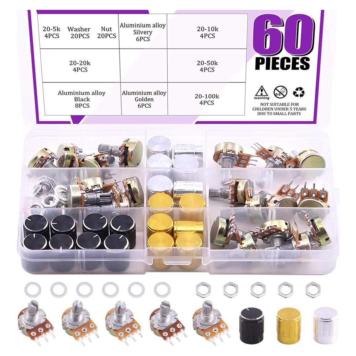 Kit 60PCS Potenciómetros Lineales Swpeet B5K a B100K Ohm